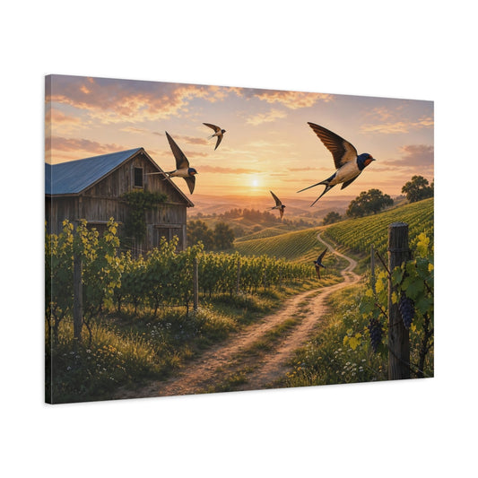 Main Mockup. Nature Vineyard Golden Sunset Vineyard shown as stretched canvas wall art