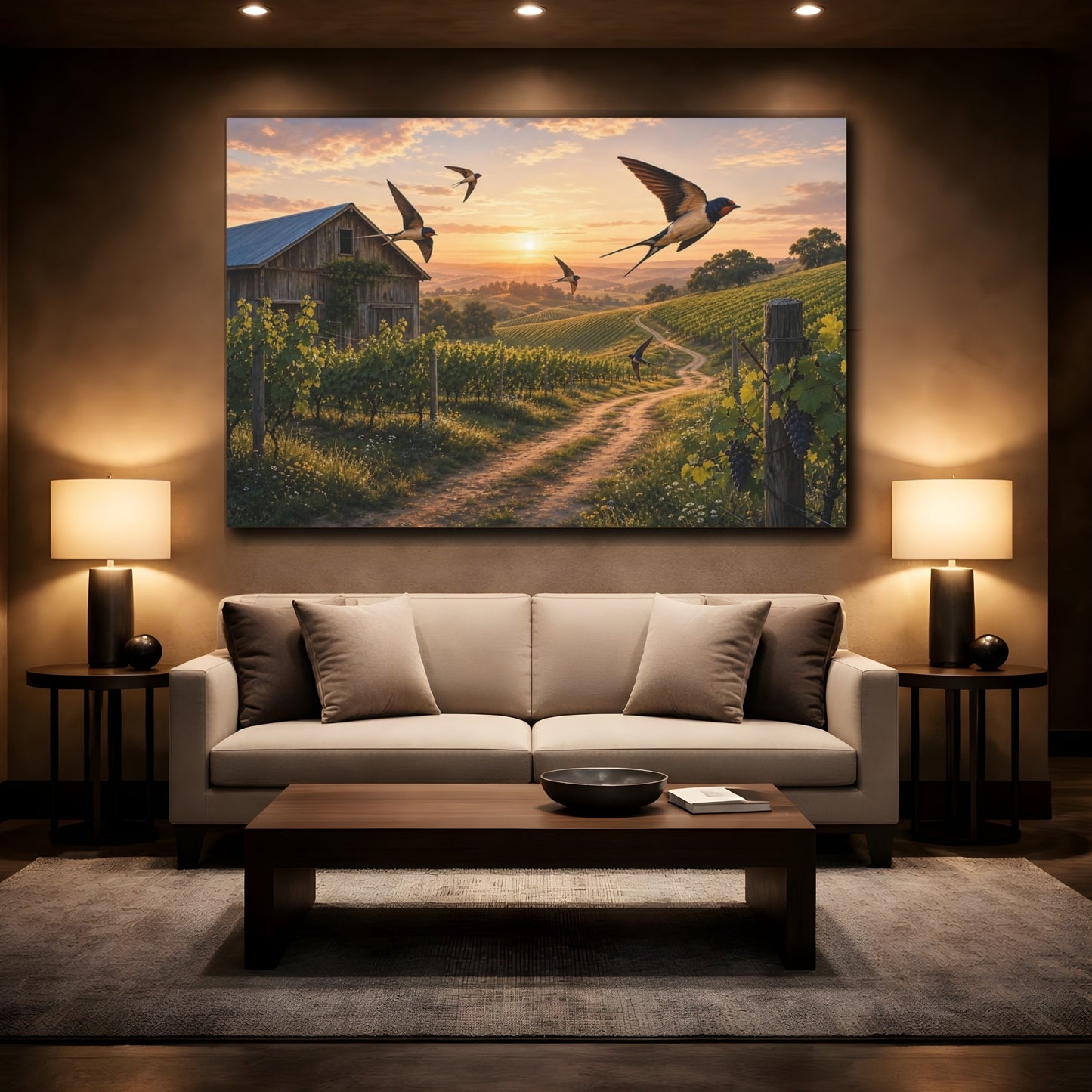 Mockup 2. Nature Vineyard Golden Sunset Vineyard shown as stretched canvas wall art