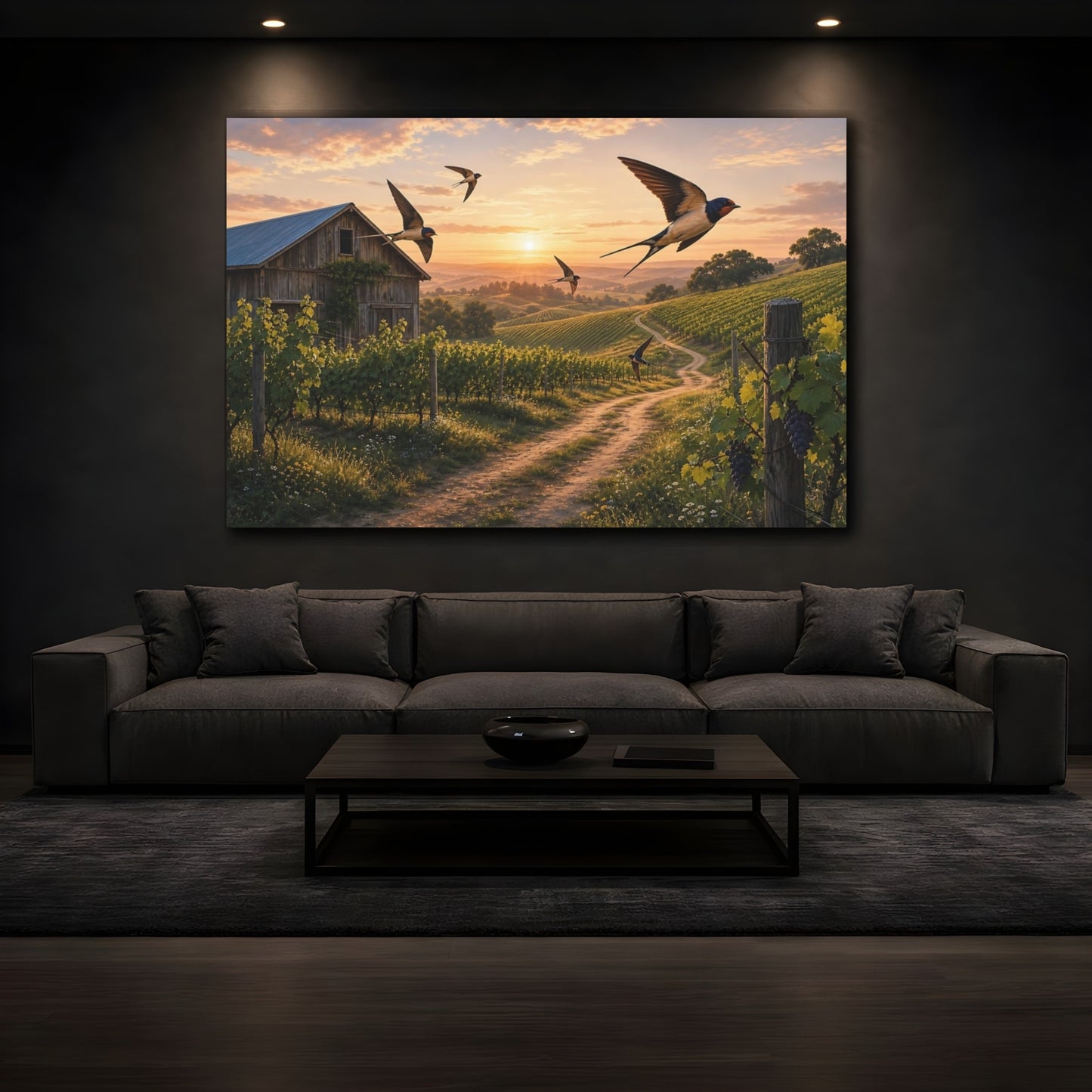 Mockup 3. Nature Vineyard Golden Sunset Vineyard shown as stretched canvas wall art