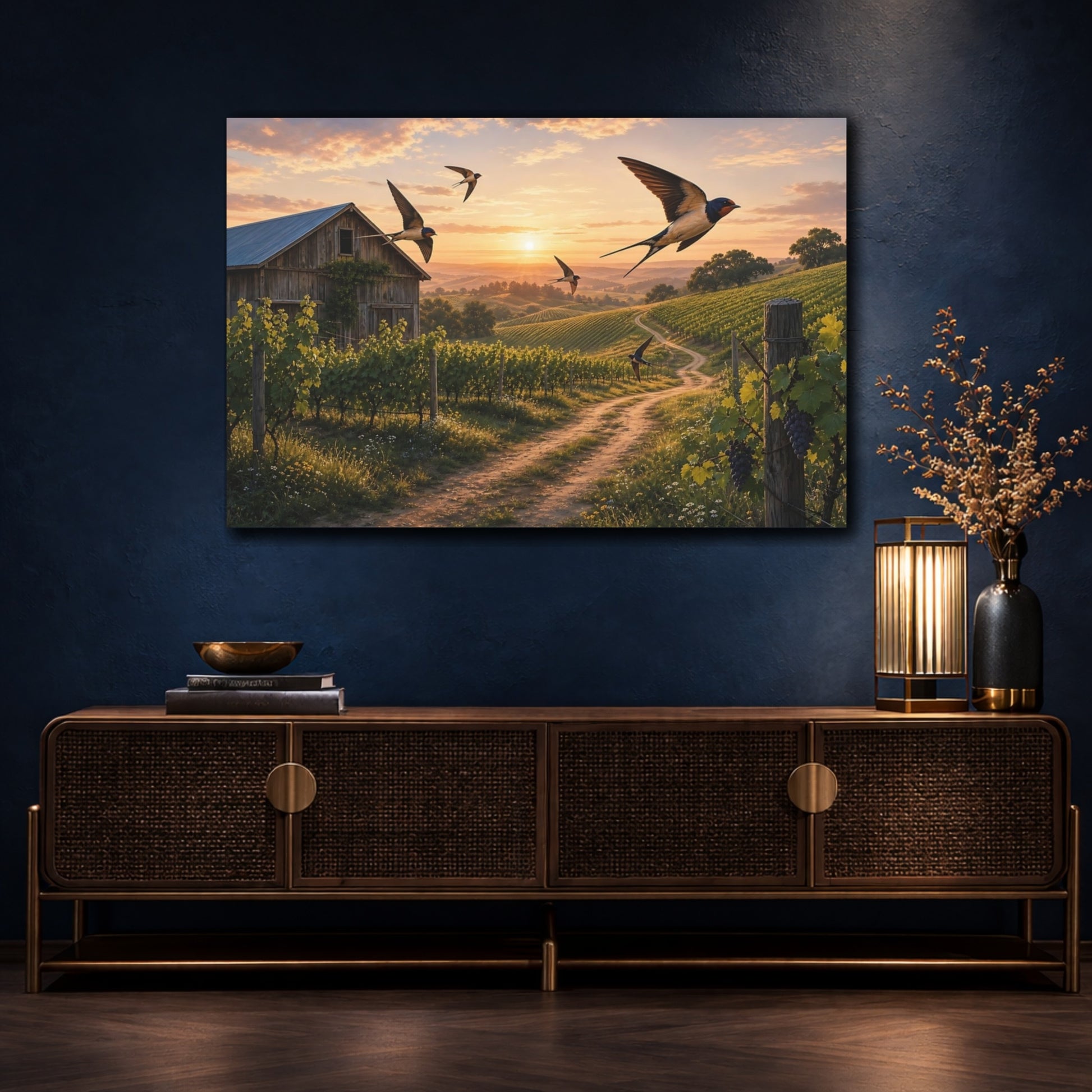 Mockup 4. Nature Vineyard Golden Sunset Vineyard shown as stretched canvas wall art