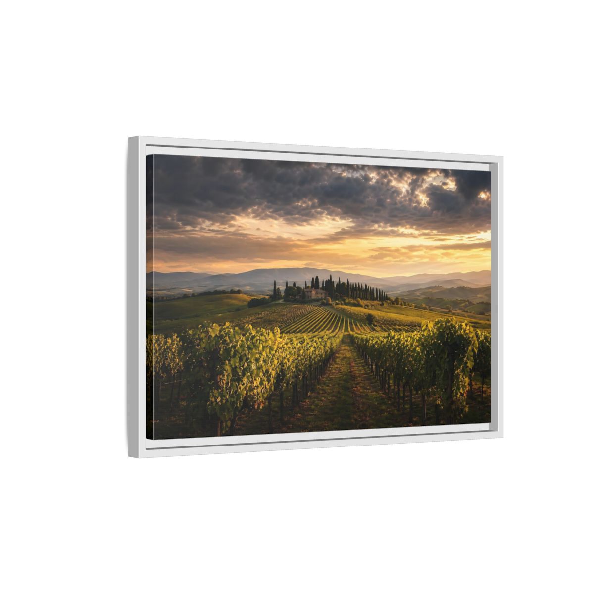 Side Mockup 1. Nature Vineyard Green And Gold Vineyard shown as stretched canvas wall art