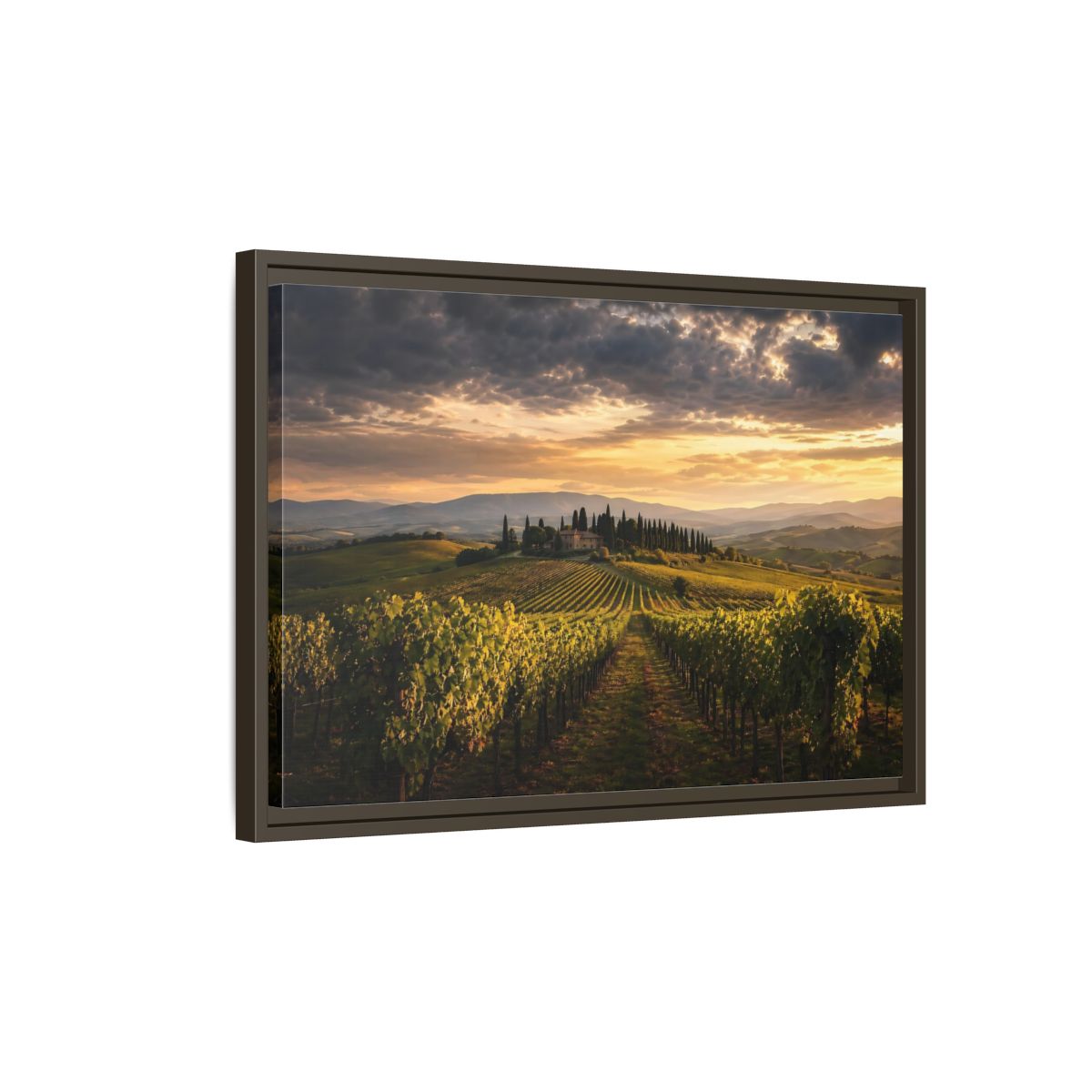Side Mockup 2. Nature Vineyard Green And Gold Vineyard shown as stretched canvas wall art