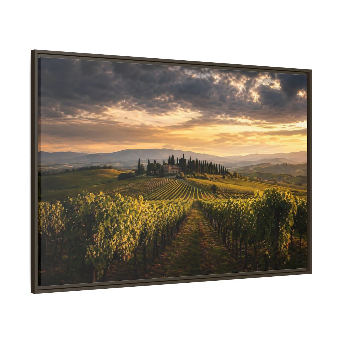 Side Mockup 8. Nature Vineyard Green And Gold Vineyard shown as stretched canvas wall art
