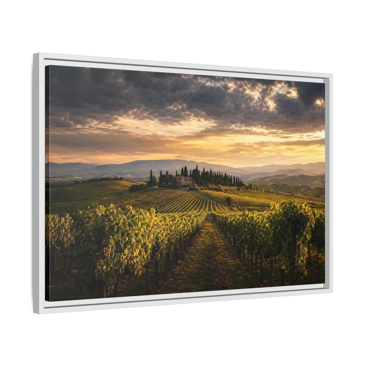 Side Mockup 10. Nature Vineyard Green And Gold Vineyard shown as stretched canvas wall art