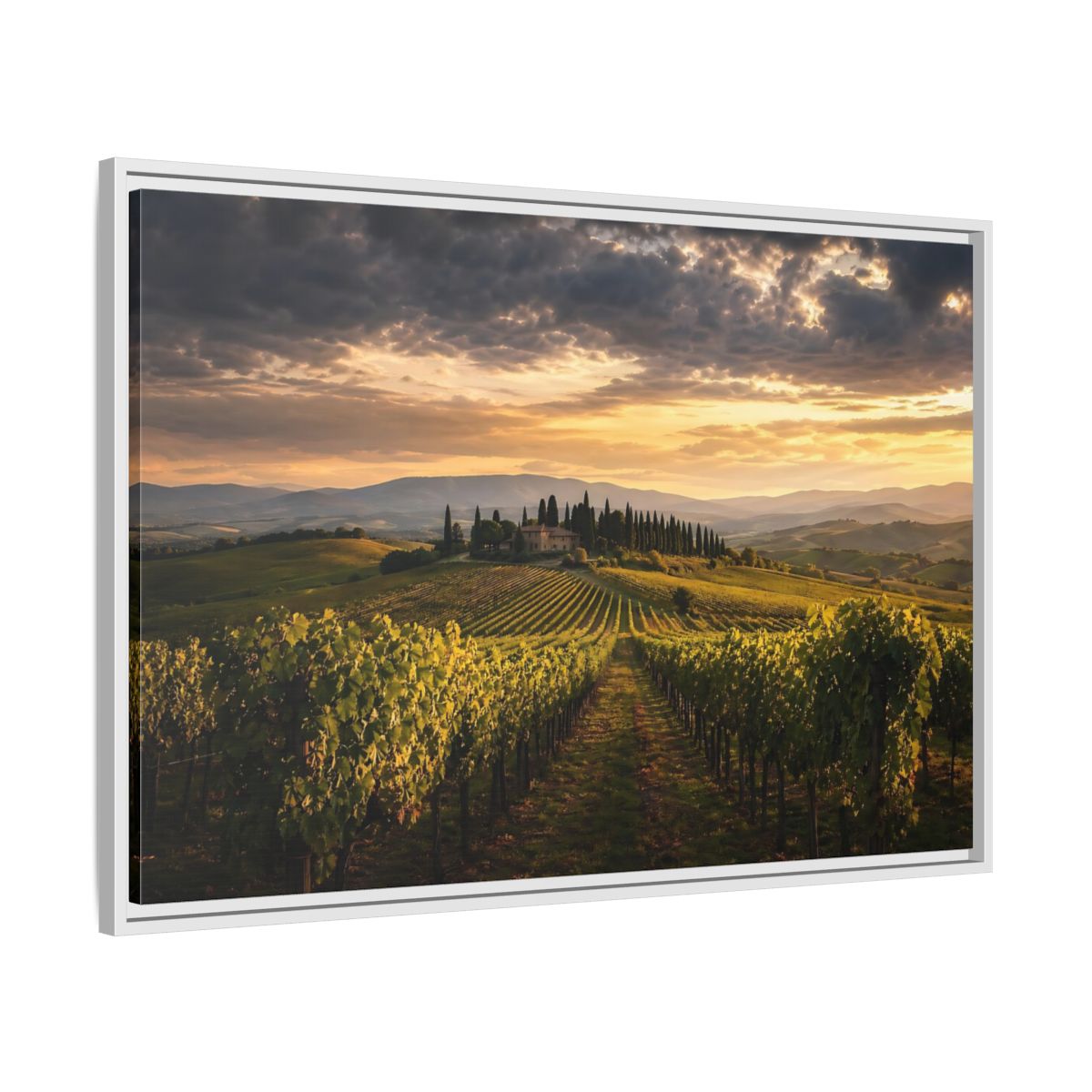 Side Mockup 9. Nature Vineyard Green And Gold Vineyard shown as stretched canvas wall art