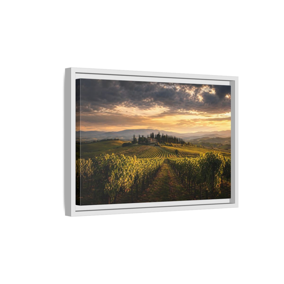 Side Mockup 4. Nature Vineyard Green And Gold Vineyard shown as stretched canvas wall art