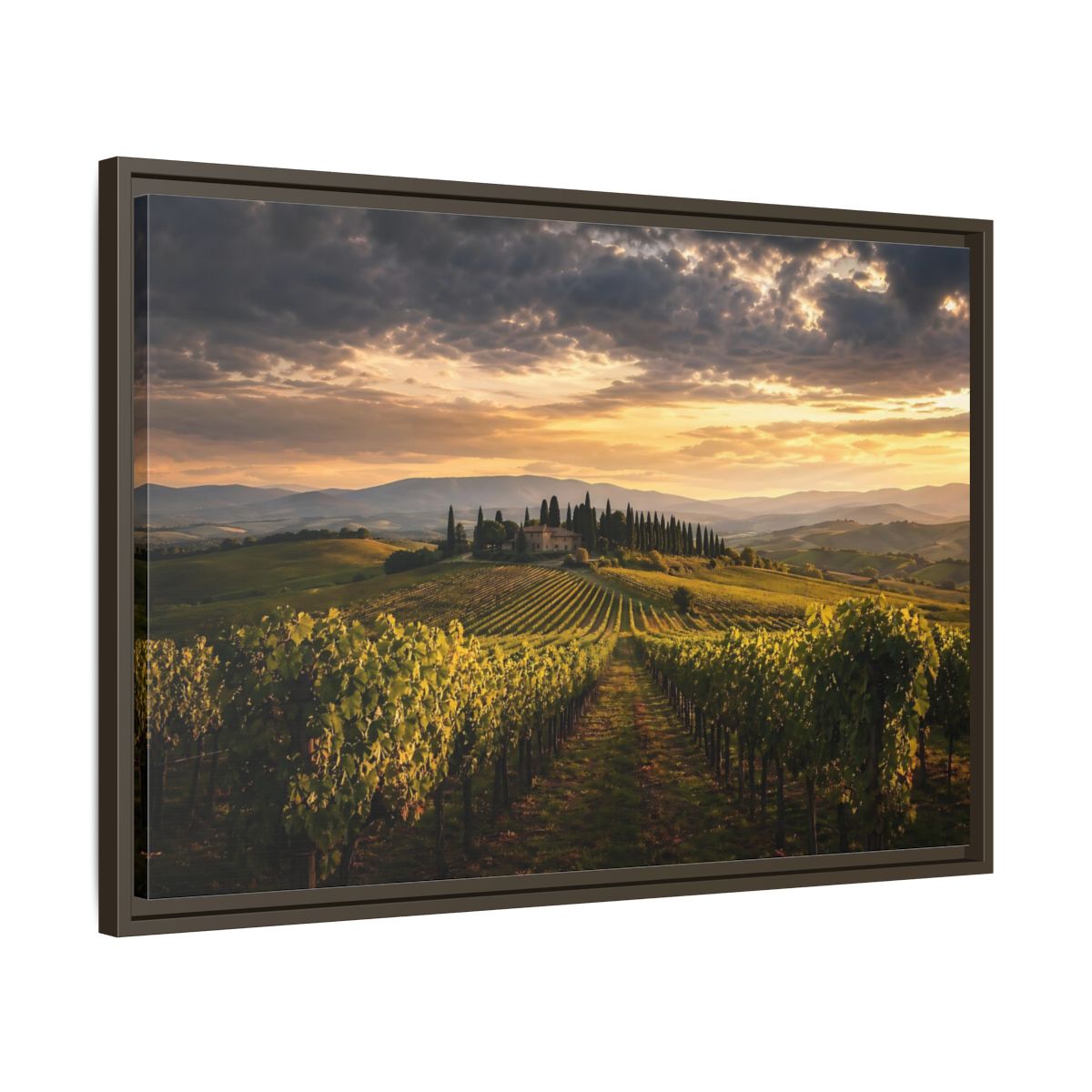 Side Mockup 11. Nature Vineyard Green And Gold Vineyard shown as stretched canvas wall art
