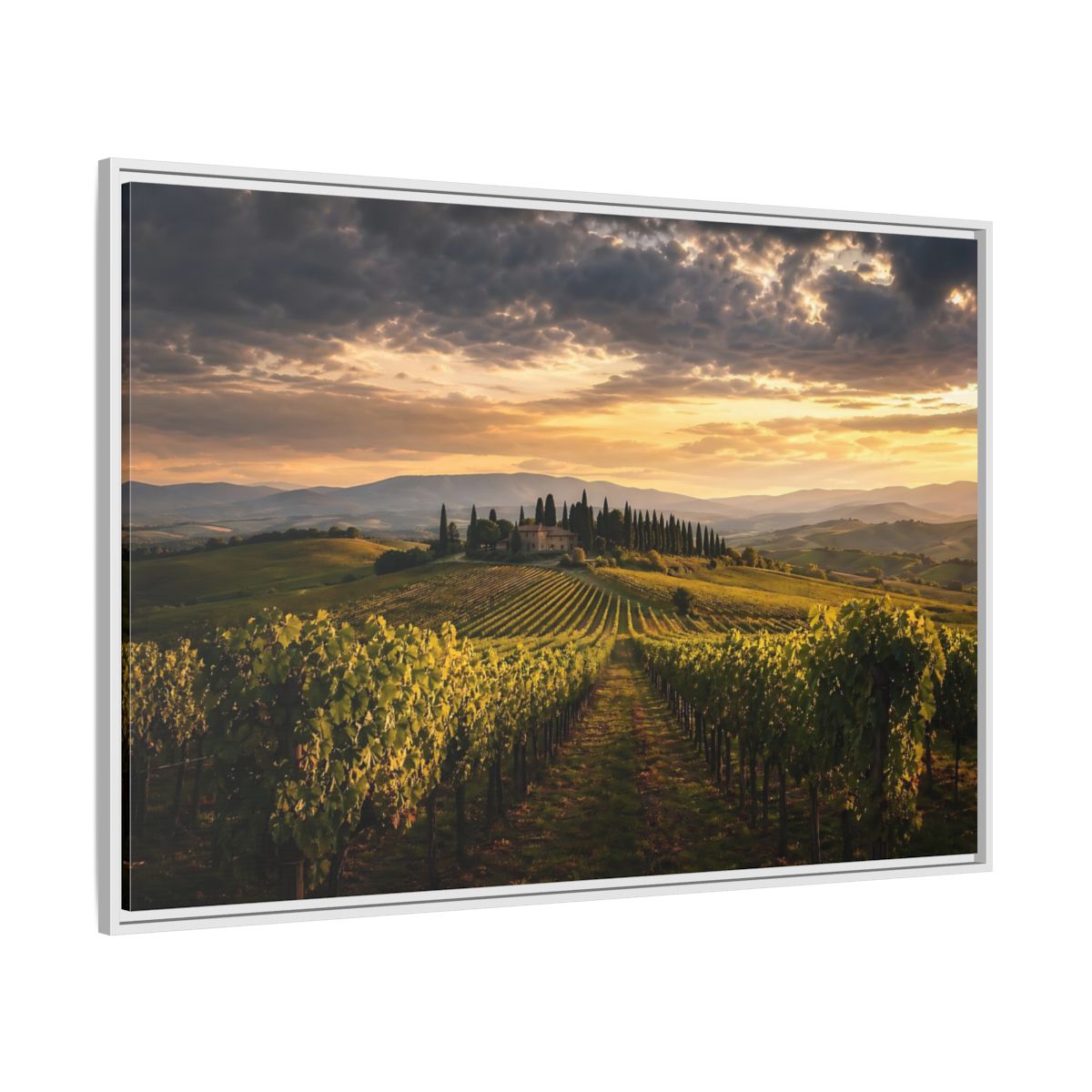 Side Mockup 7. Nature Vineyard Green And Gold Vineyard shown as stretched canvas wall art