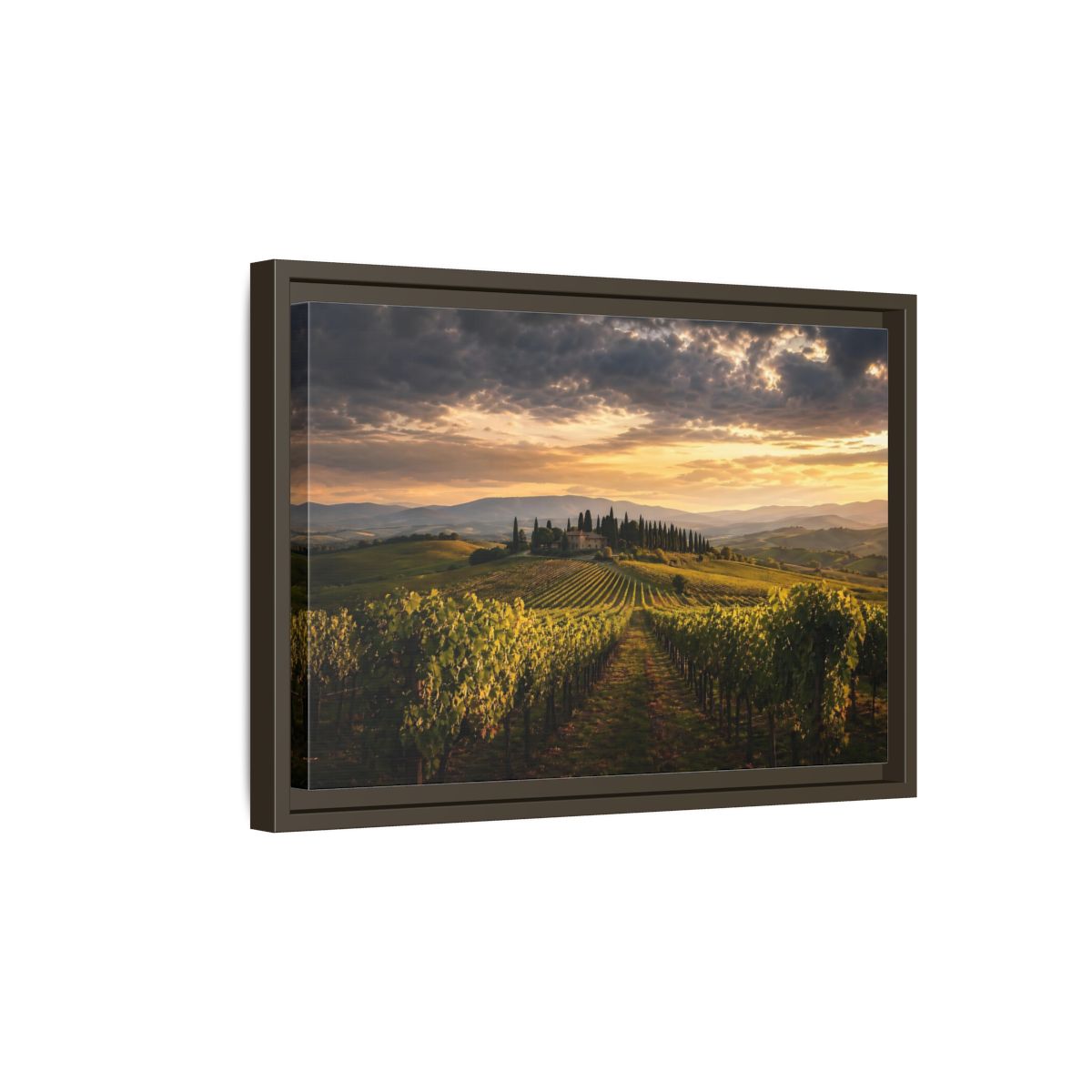 Side Mockup 5. Nature Vineyard Green And Gold Vineyard shown as stretched canvas wall art