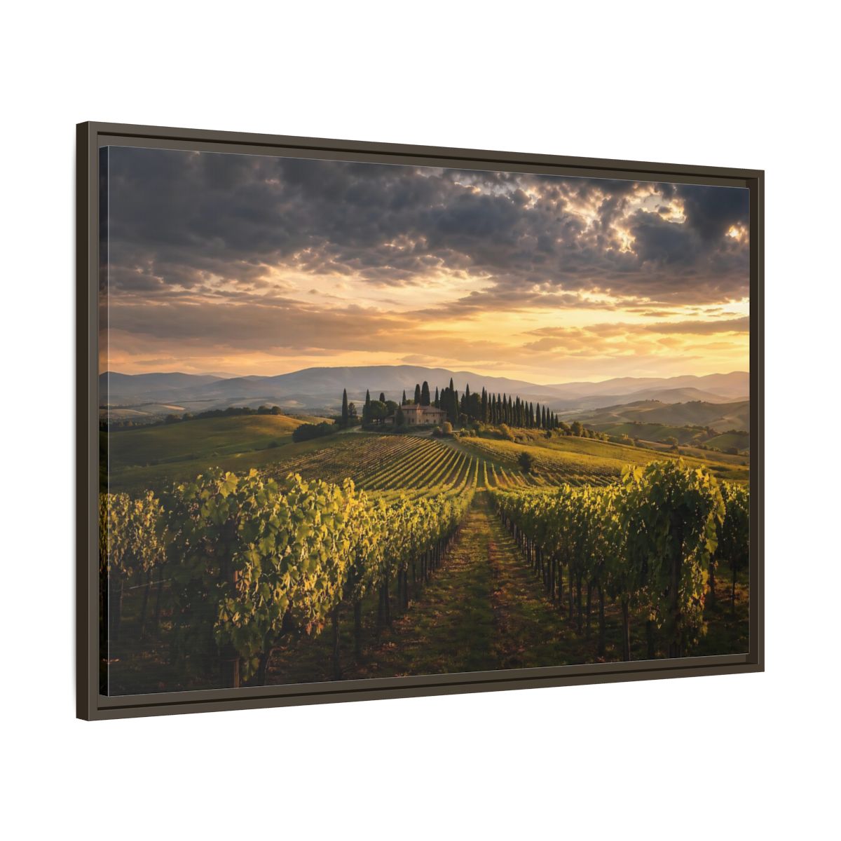 Main Mockup. Nature Vineyard Green And Gold Vineyard shown as stretched canvas wall art