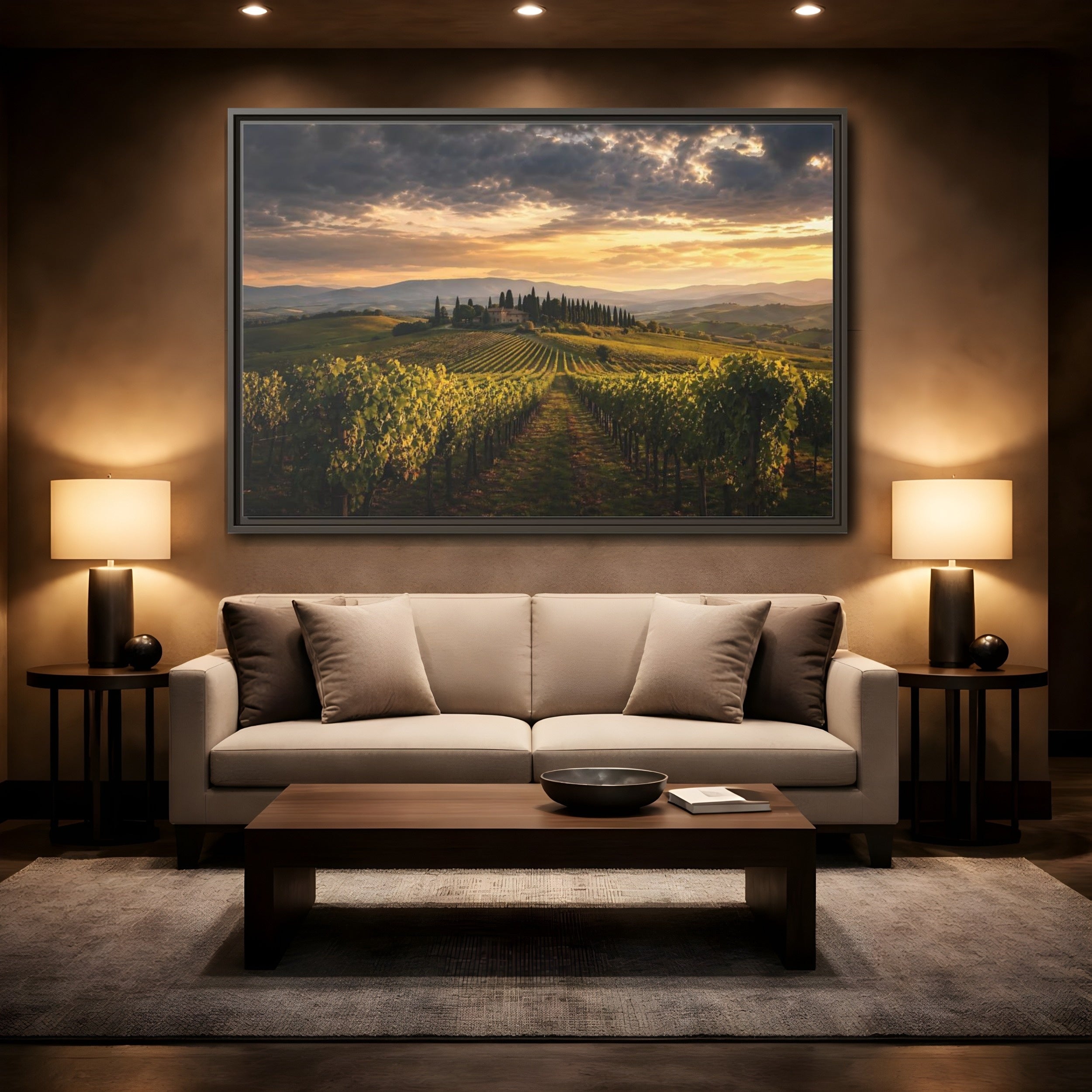 Mockup 2. Nature Vineyard Green And Gold Vineyard shown as stretched canvas wall art