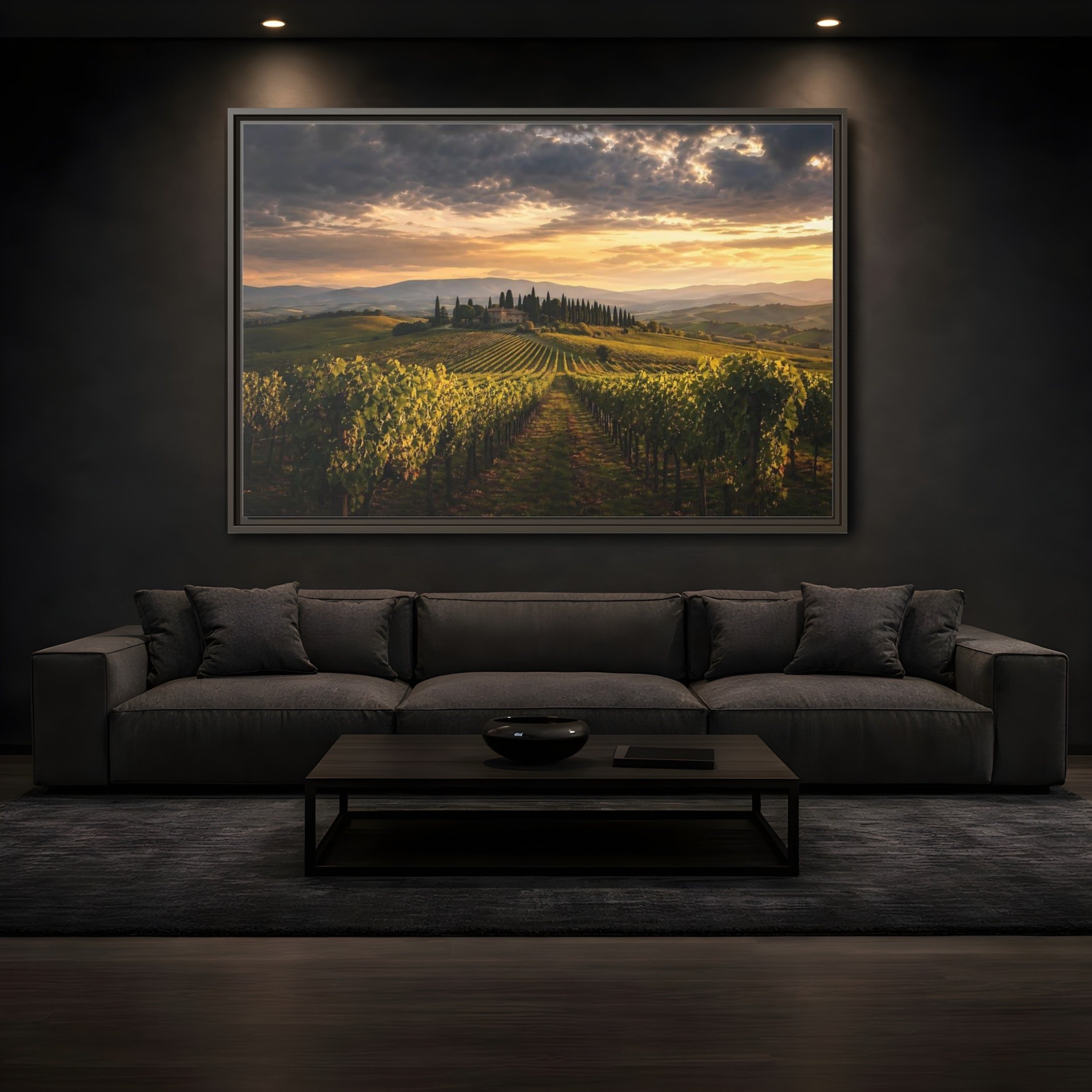 Mockup 3. Nature Vineyard Green And Gold Vineyard shown as stretched canvas wall art