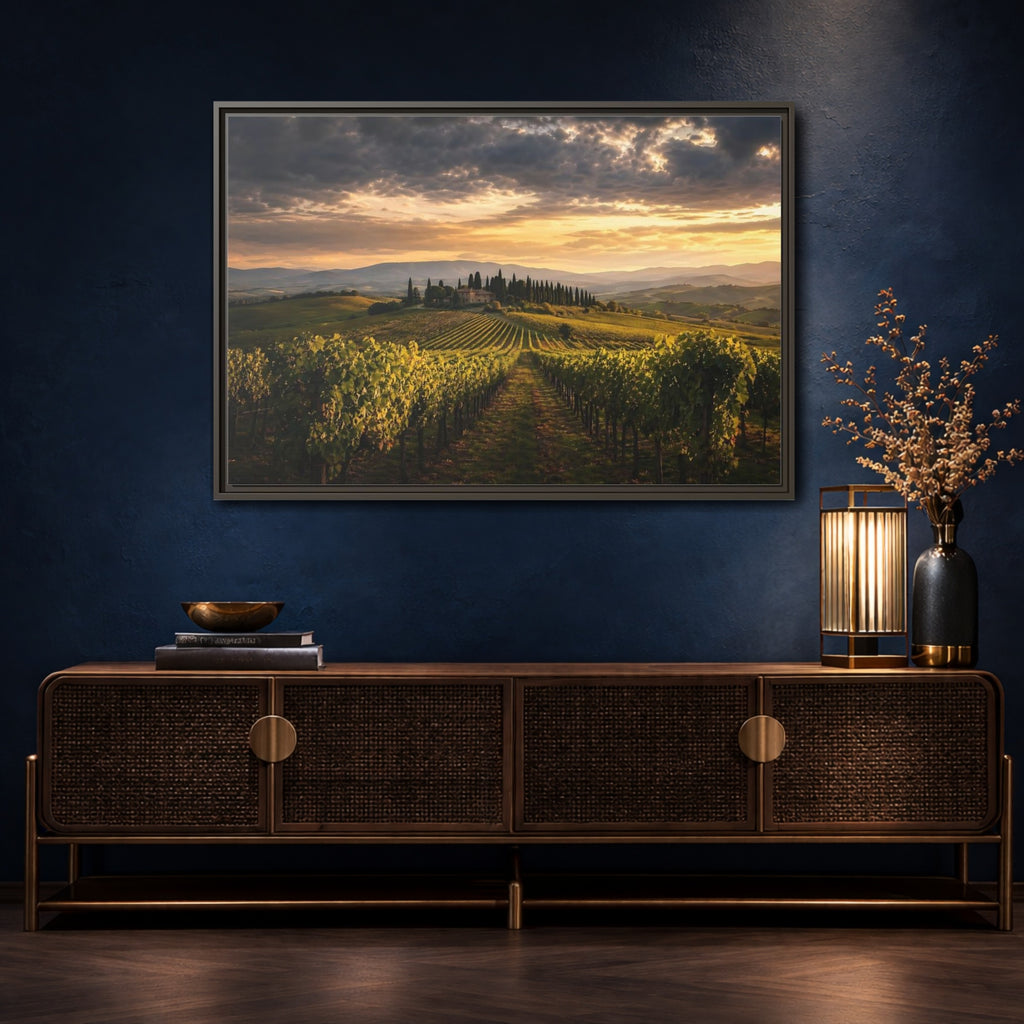 Mockup 4. Nature Vineyard Green And Gold Vineyard shown as stretched canvas wall art