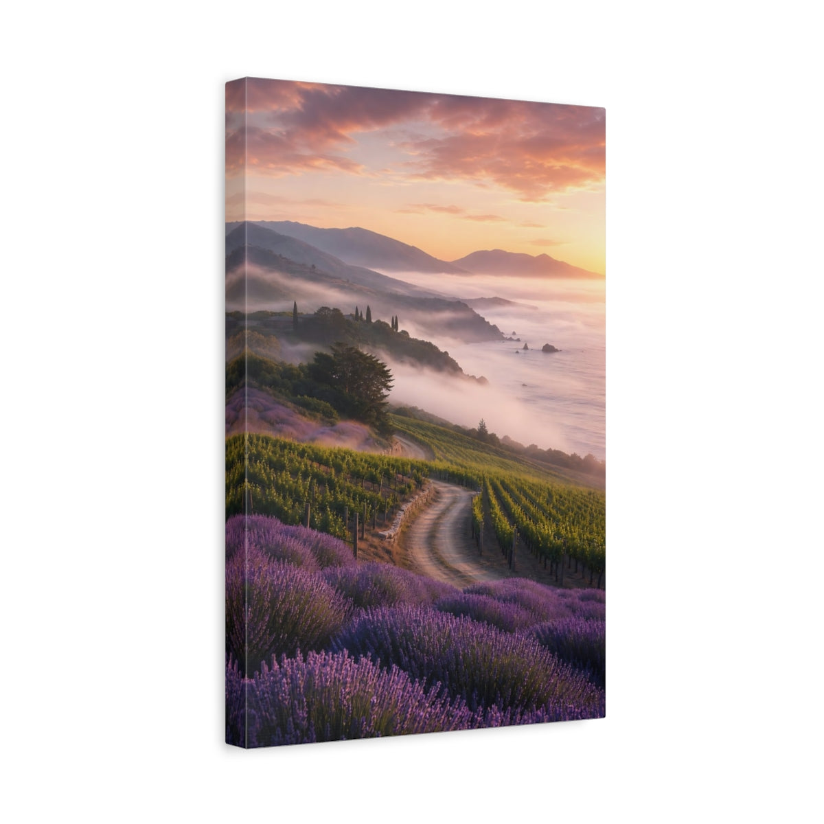 Side Mockup 4. Nature Vineyard Lavender Vineyard Sunset shown as stretched canvas wall art