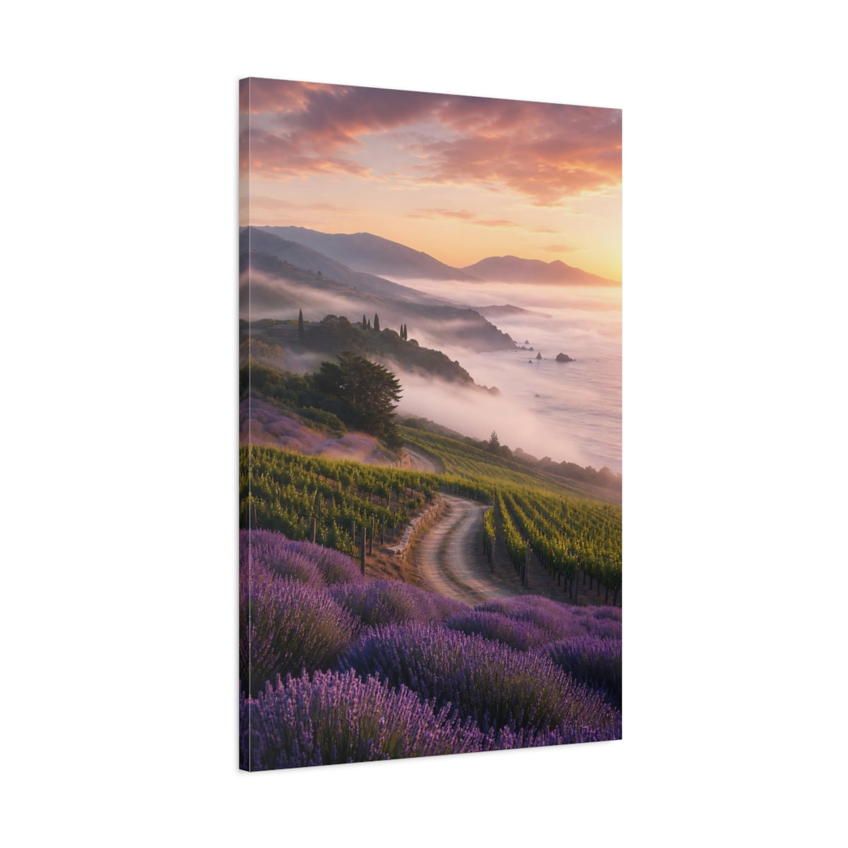Main Mockup. Nature Vineyard Lavender Vineyard Sunset shown as stretched canvas wall art