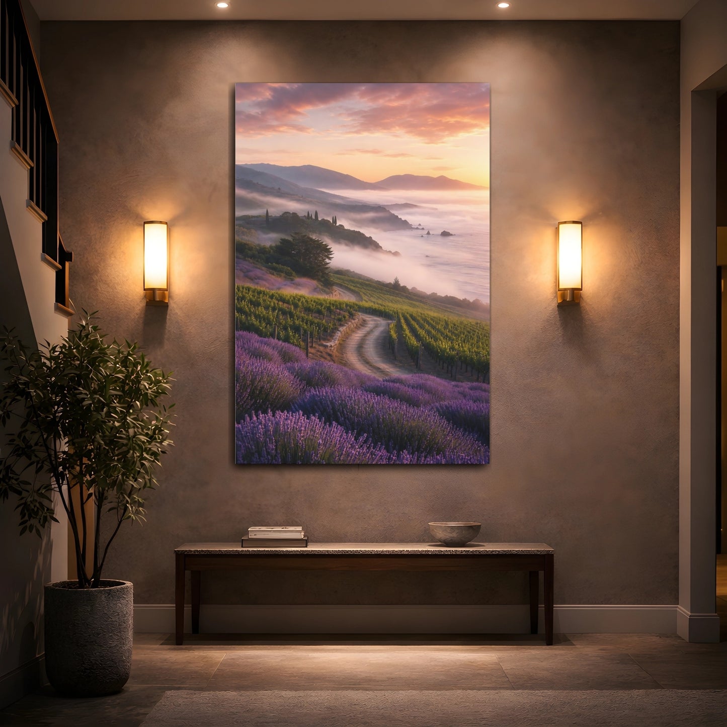 Mockup 2. Nature Vineyard Lavender Vineyard Sunset shown as stretched canvas wall art