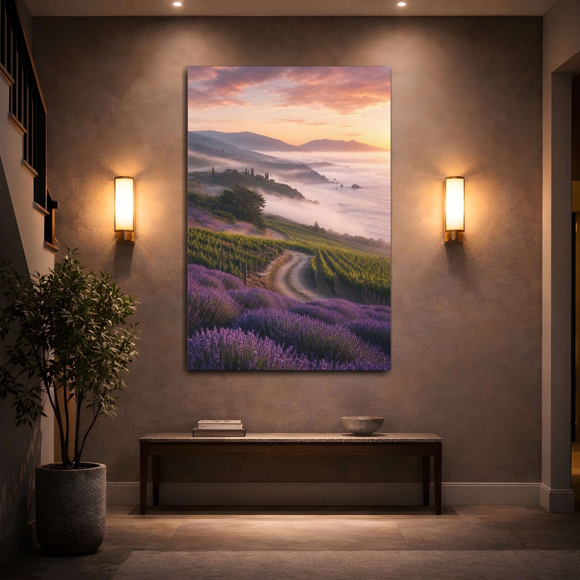 Mockup 2. Nature Vineyard Lavender Vineyard Sunset shown as stretched canvas wall art