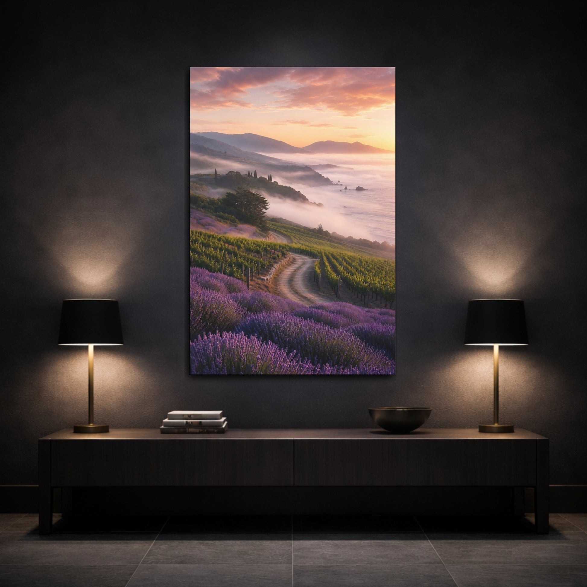 Mockup 3. Nature Vineyard Lavender Vineyard Sunset shown as stretched canvas wall art