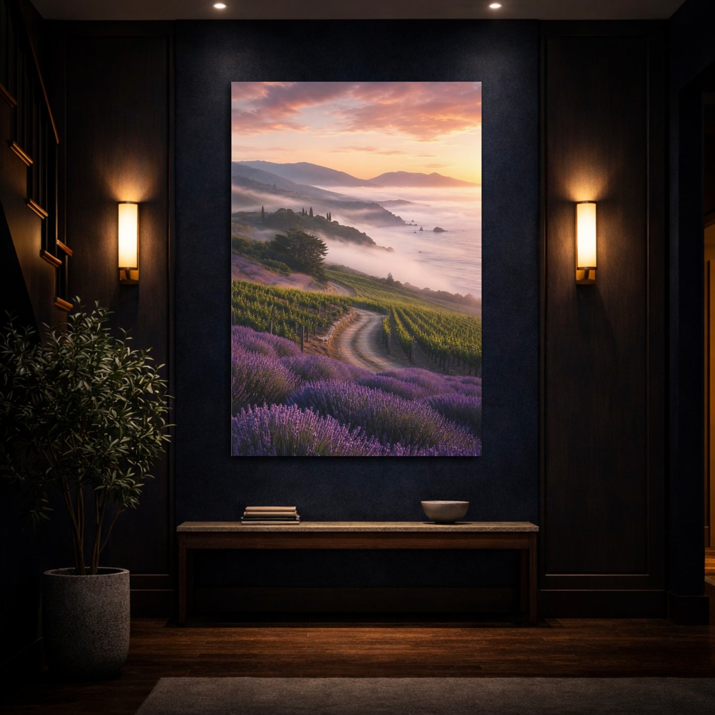 Mockup 4. Nature Vineyard Lavender Vineyard Sunset shown as stretched canvas wall art