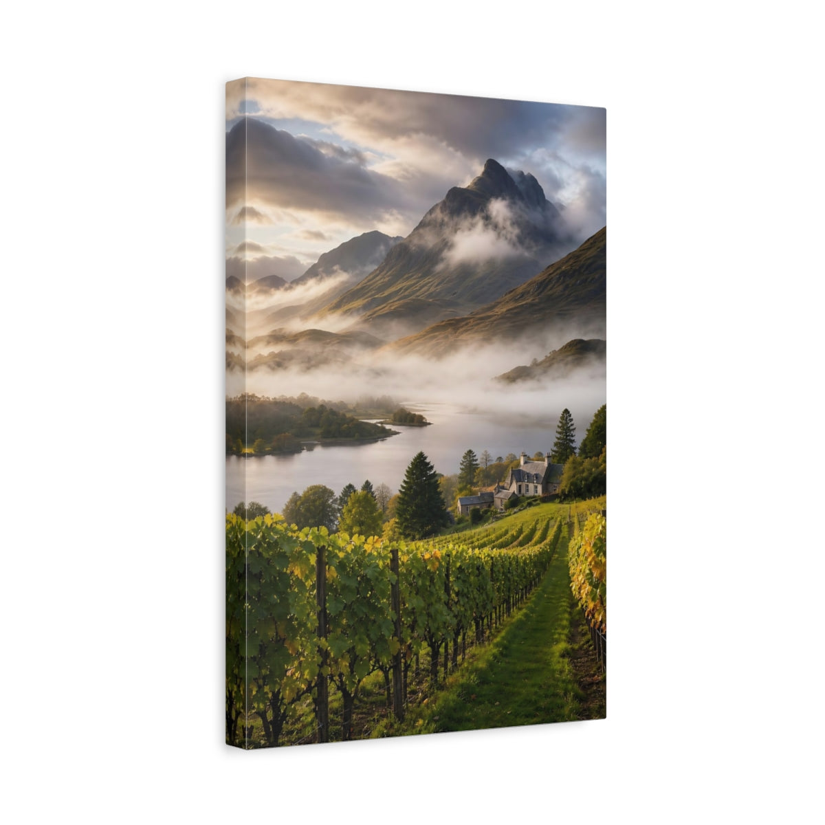 Side Mockup 4. Nature Vineyard Misty Vineyard shown as stretched canvas wall art