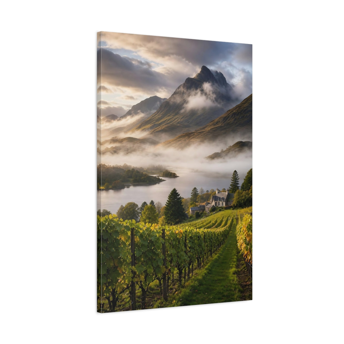 Main Mockup. Nature Vineyard Misty Vineyard shown as stretched canvas wall art