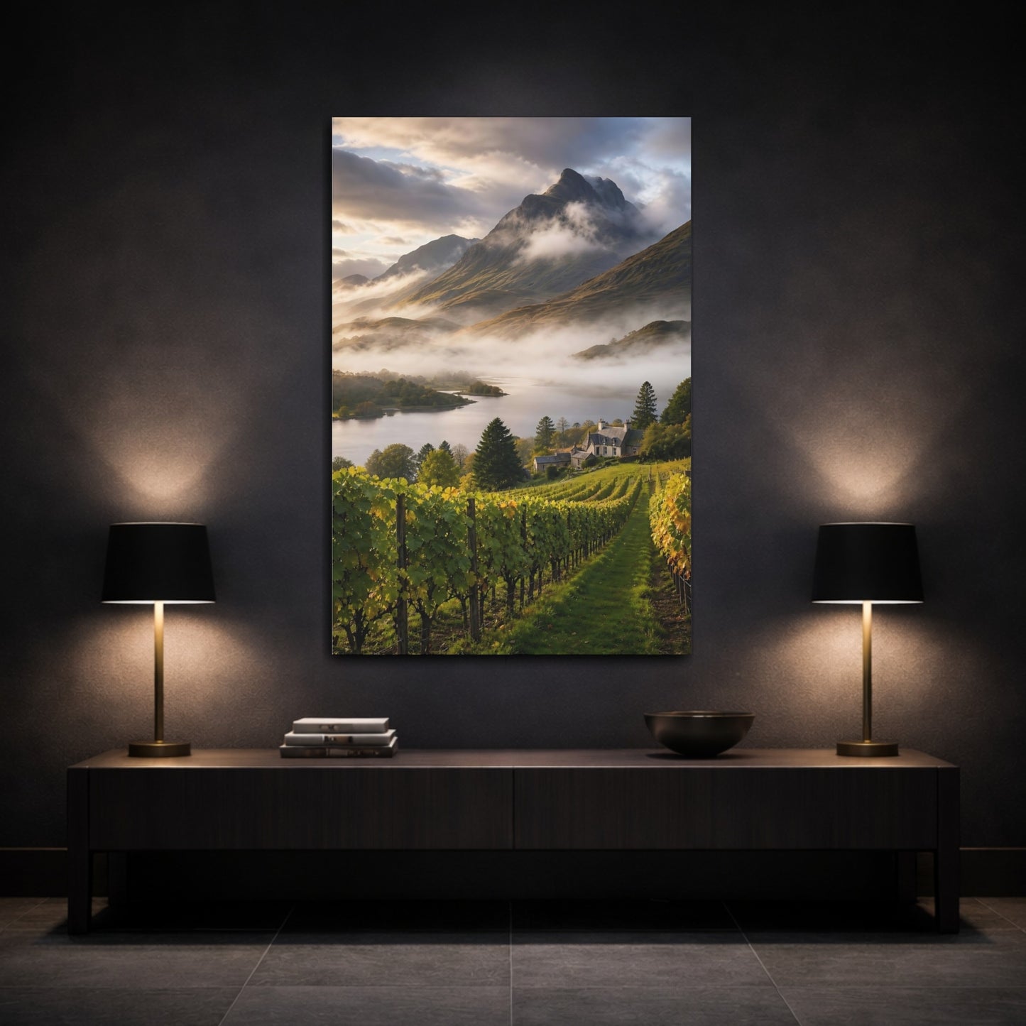 Mockup 3. Nature Vineyard Misty Vineyard shown as stretched canvas wall art