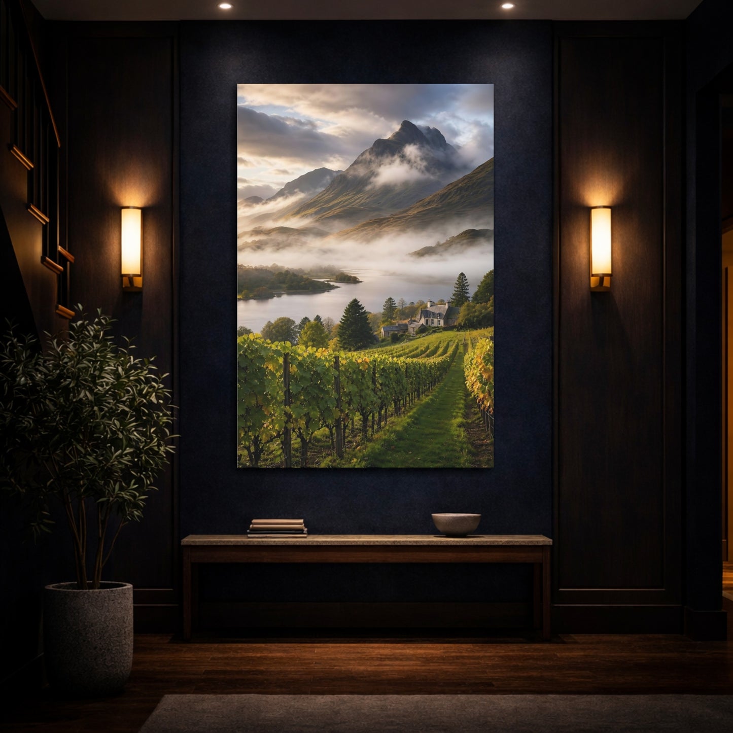 Mockup 4. Nature Vineyard Misty Vineyard shown as stretched canvas wall art