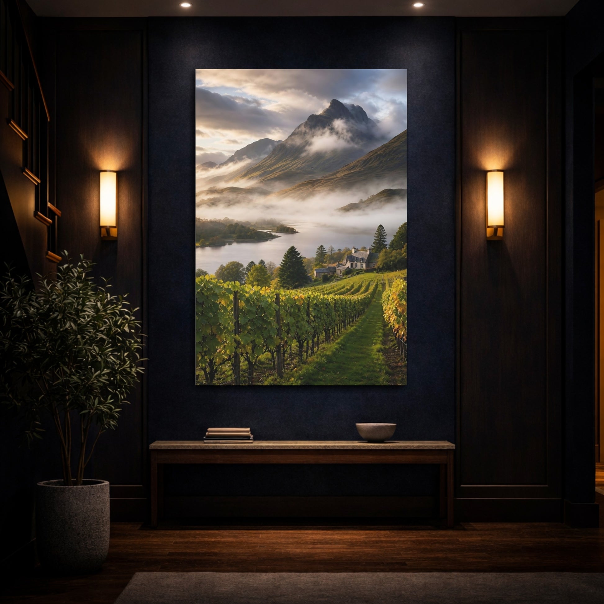 Mockup 4. Nature Vineyard Misty Vineyard shown as stretched canvas wall art
