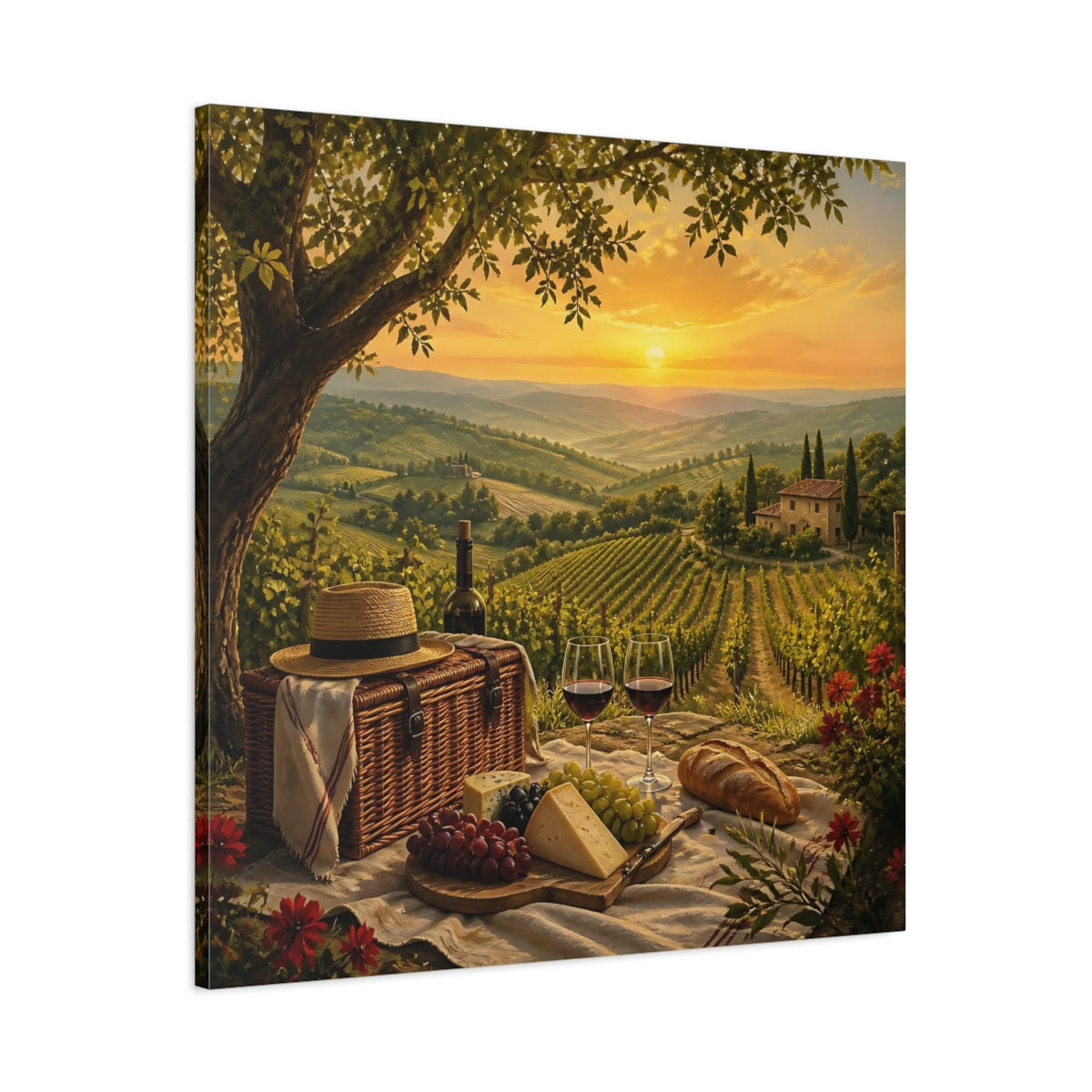 Main Mockup. Nature Vineyard Picnic Tuscan Sunset shown as stretched canvas wall art