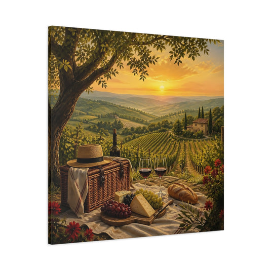 Main Mockup. Nature Vineyard Picnic Tuscan Sunset shown as stretched canvas wall art