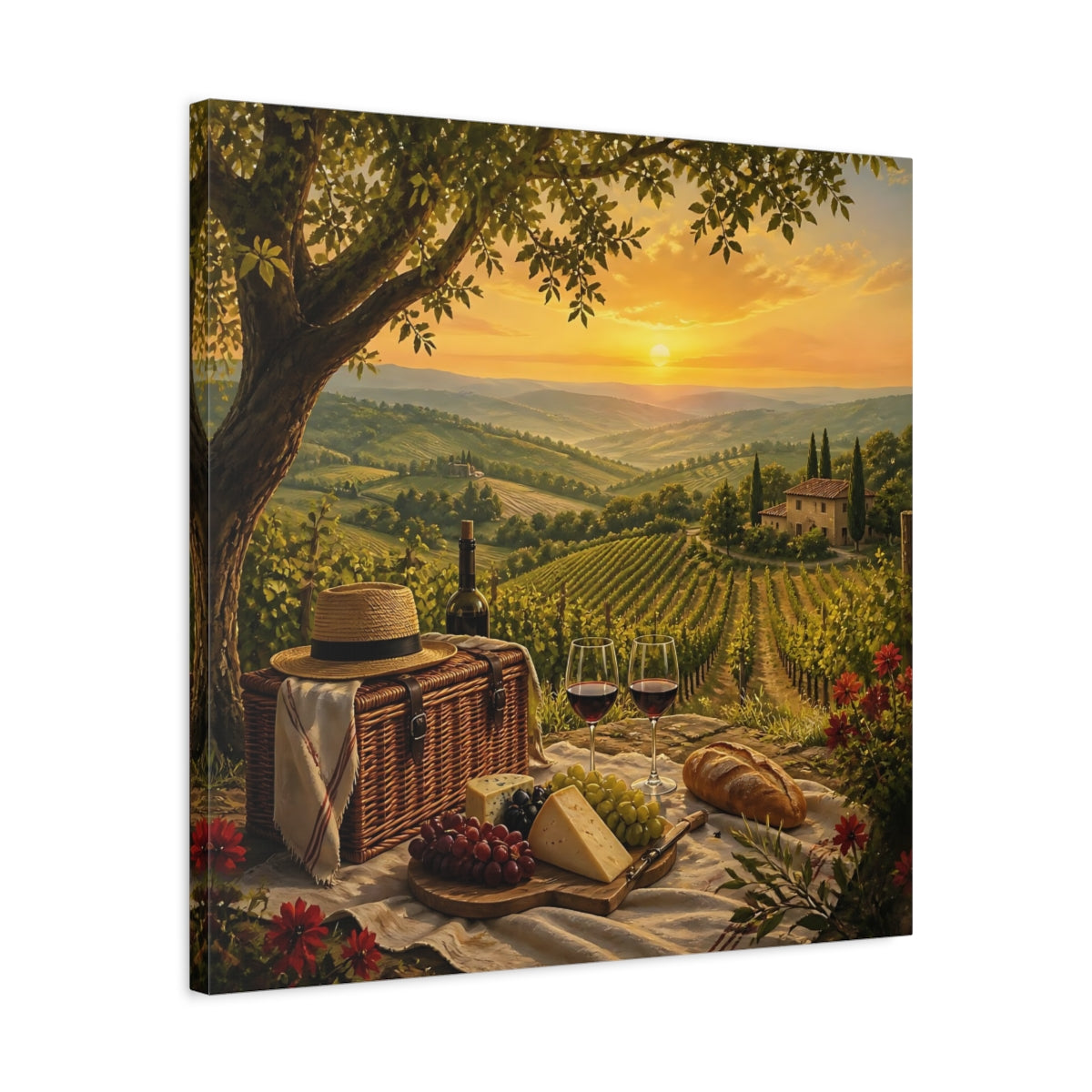 Side Mockup 4. Nature Vineyard Picnic Tuscan Sunset shown as stretched canvas wall art