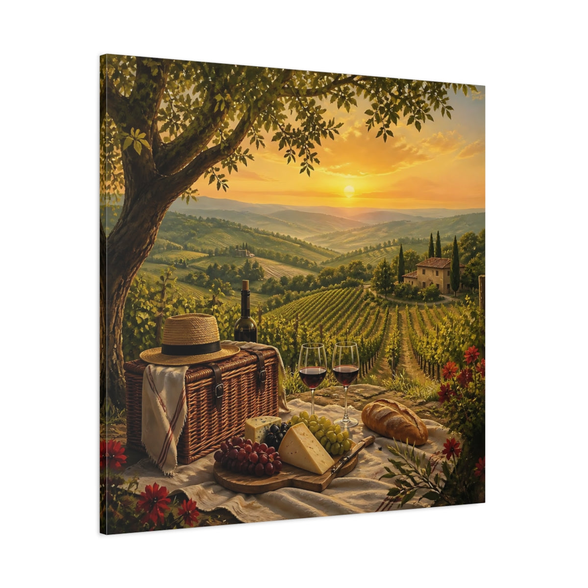 Side Mockup 1. Nature Vineyard Picnic Tuscan Sunset shown as stretched canvas wall art