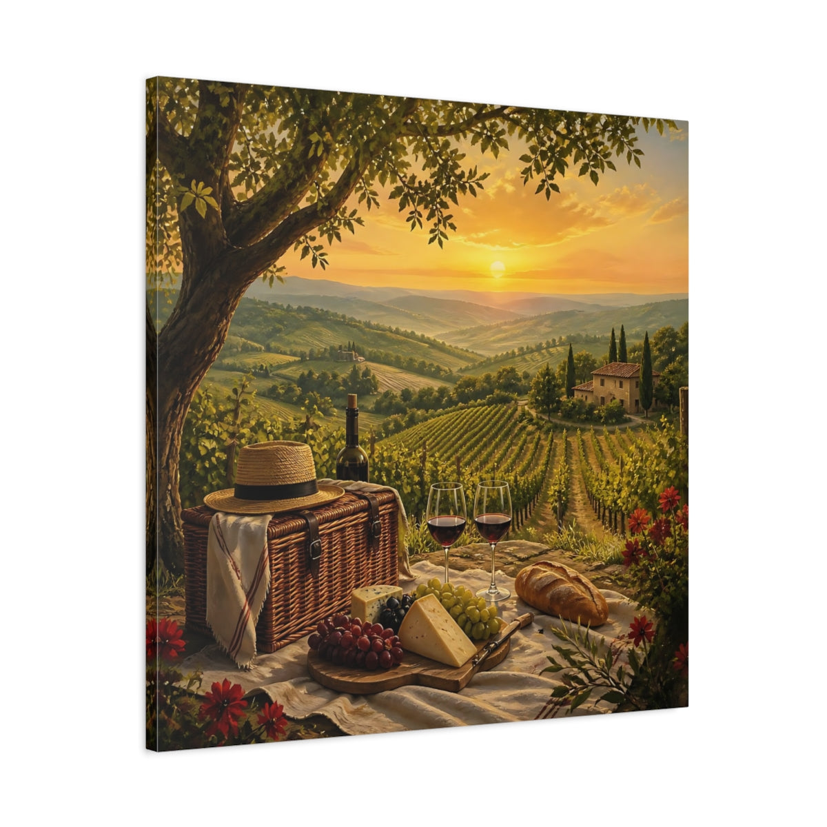Side Mockup 3. Nature Vineyard Picnic Tuscan Sunset shown as stretched canvas wall art