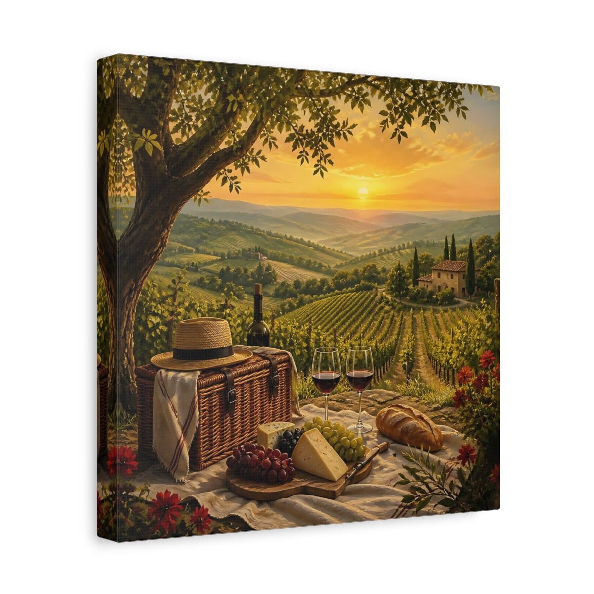 Side Mockup 8. Nature Vineyard Picnic Tuscan Sunset shown as stretched canvas wall art