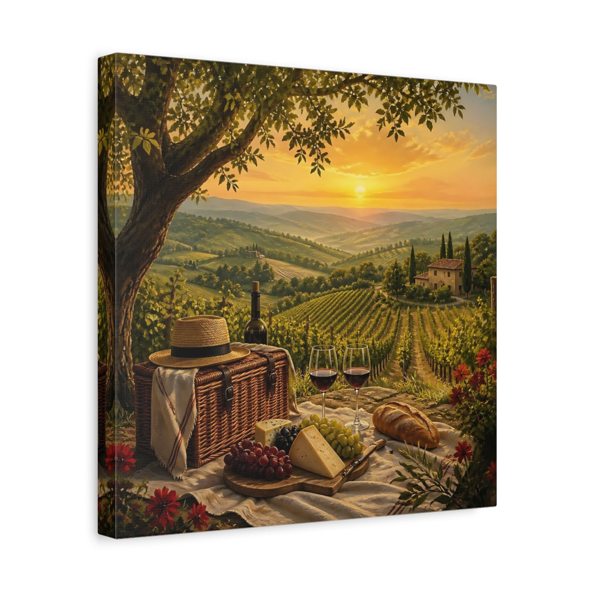 Side Mockup 7. Nature Vineyard Picnic Tuscan Sunset shown as stretched canvas wall art