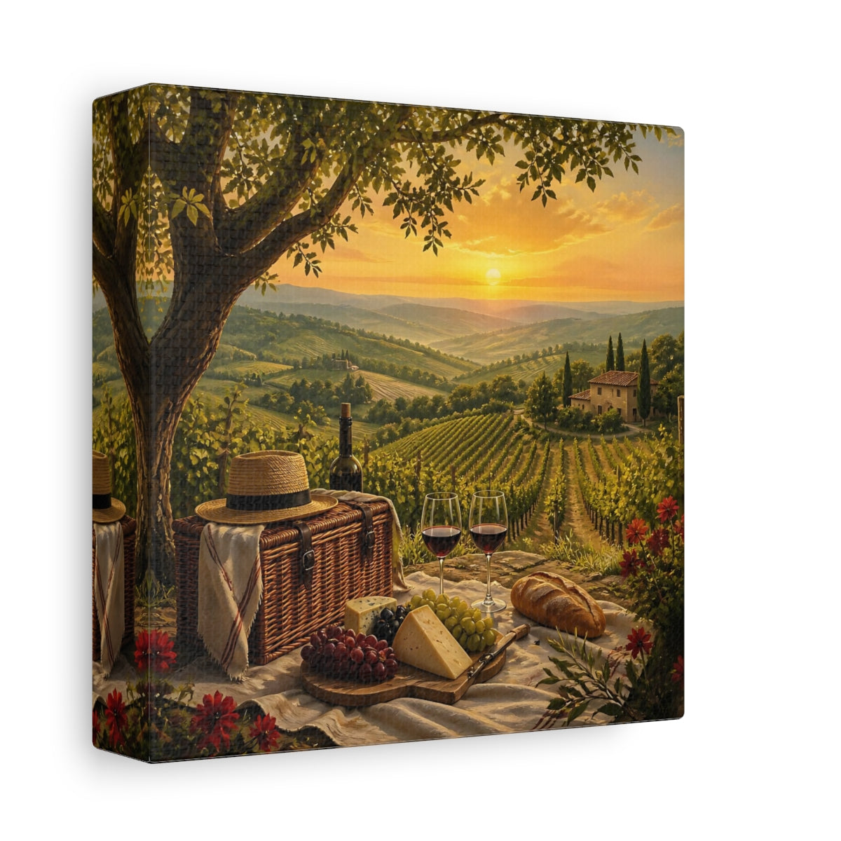 Side Mockup 2. Nature Vineyard Picnic Tuscan Sunset shown as stretched canvas wall art