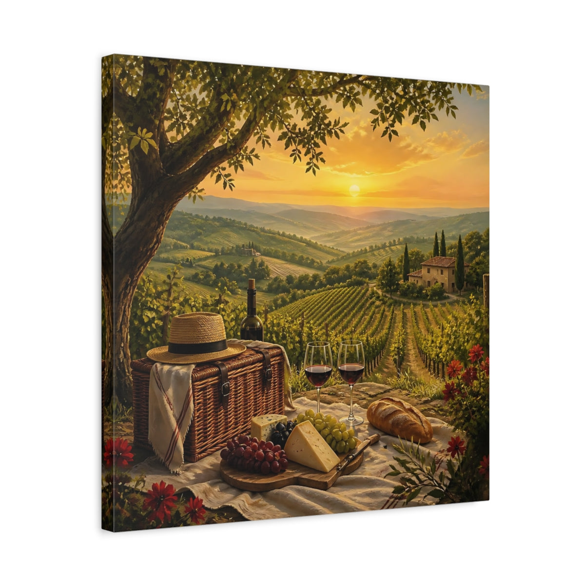 Side Mockup 5. Nature Vineyard Picnic Tuscan Sunset shown as stretched canvas wall art