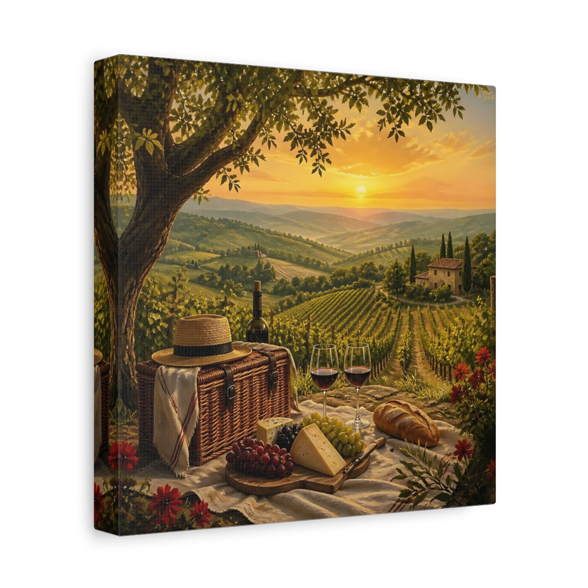 Side Mockup 9. Nature Vineyard Picnic Tuscan Sunset shown as stretched canvas wall art