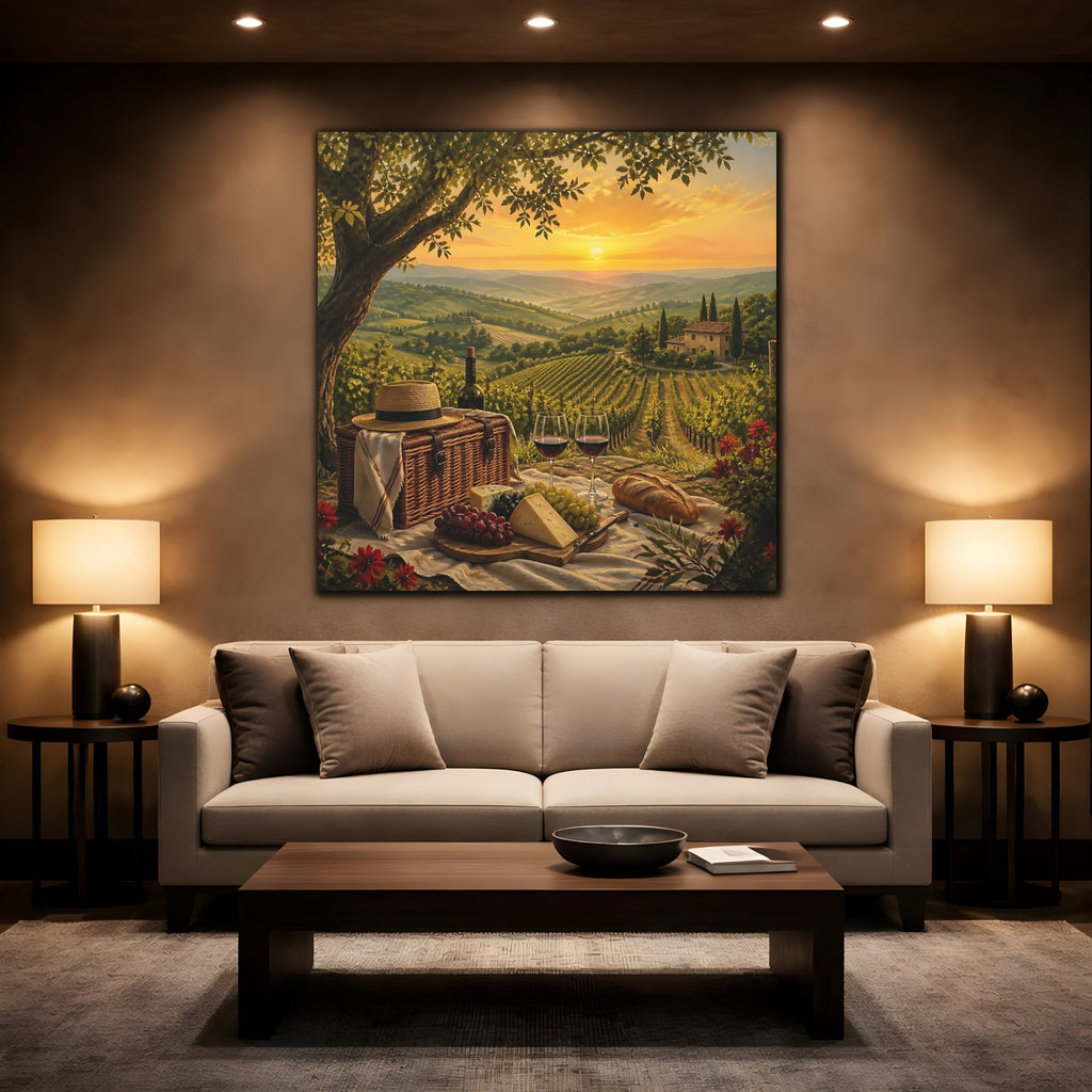Mockup 2. Nature Vineyard Picnic Tuscan Sunset shown as stretched canvas wall art