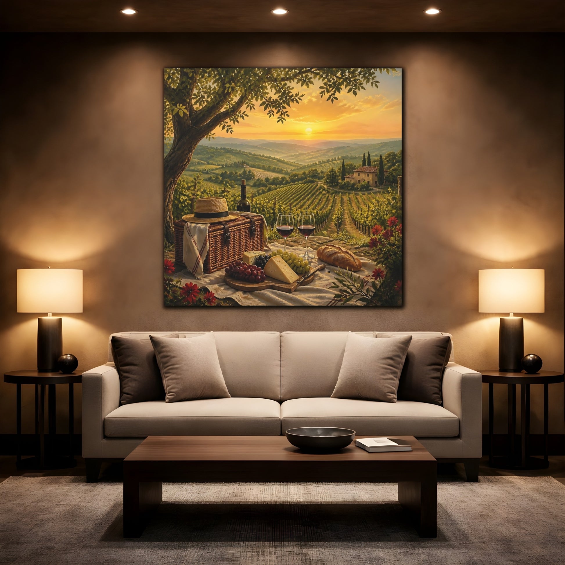 Mockup 2. Nature Vineyard Picnic Tuscan Sunset shown as stretched canvas wall art