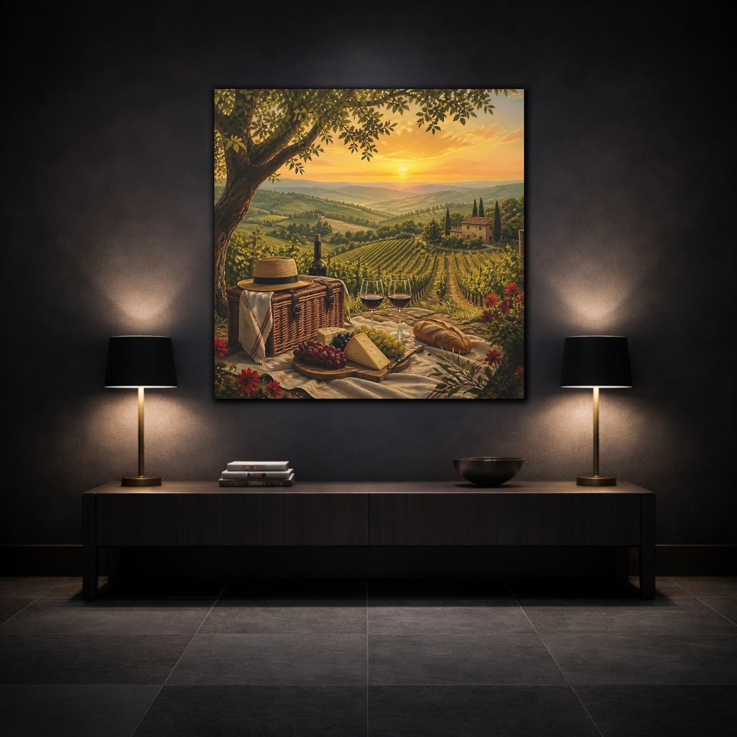 Mockup 3. Nature Vineyard Picnic Tuscan Sunset shown as stretched canvas wall art