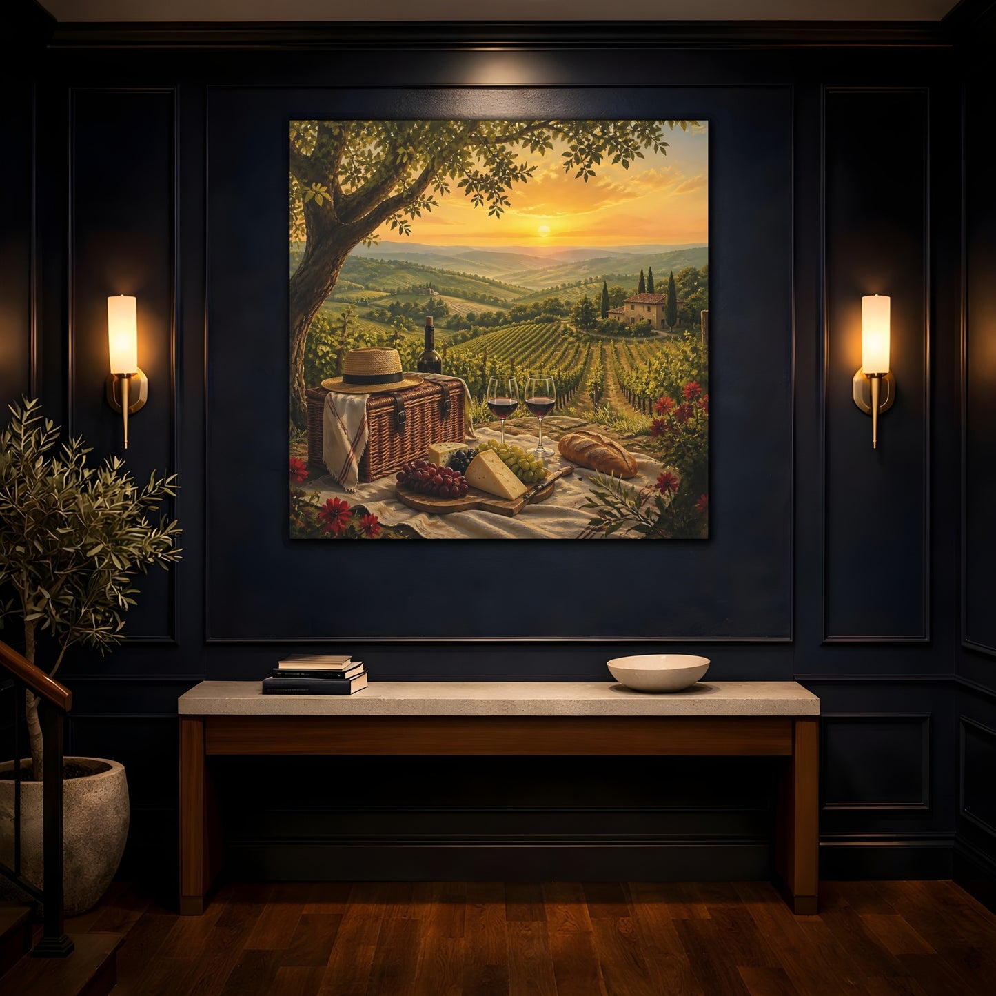 Mockup 4. Nature Vineyard Picnic Tuscan Sunset shown as stretched canvas wall art