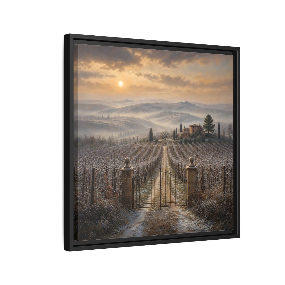 Side Mockup 12. Nature Vineyard Tuscan Vineyard Sunset shown as stretched canvas wall art