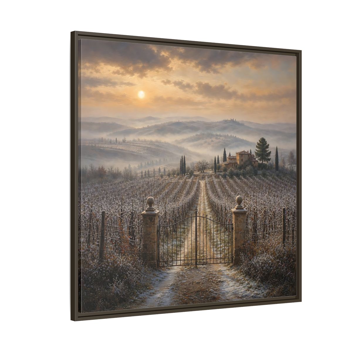 Side Mockup 5. Nature Vineyard Tuscan Vineyard Sunset shown as stretched canvas wall art