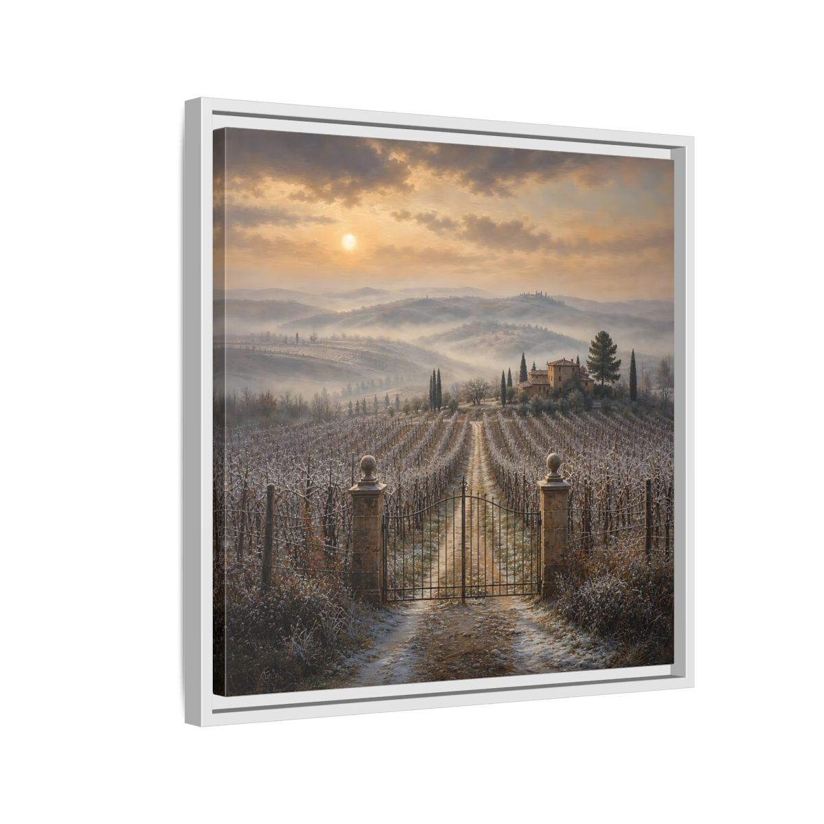 Side Mockup 10. Nature Vineyard Tuscan Vineyard Sunset shown as stretched canvas wall art