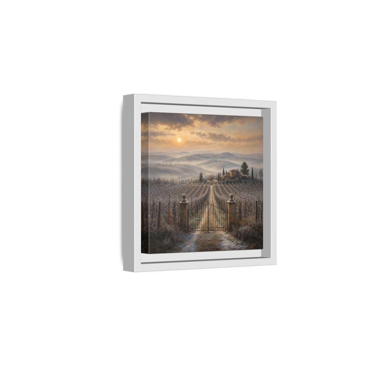 Side Mockup 1. Nature Vineyard Tuscan Vineyard Sunset shown as stretched canvas wall art