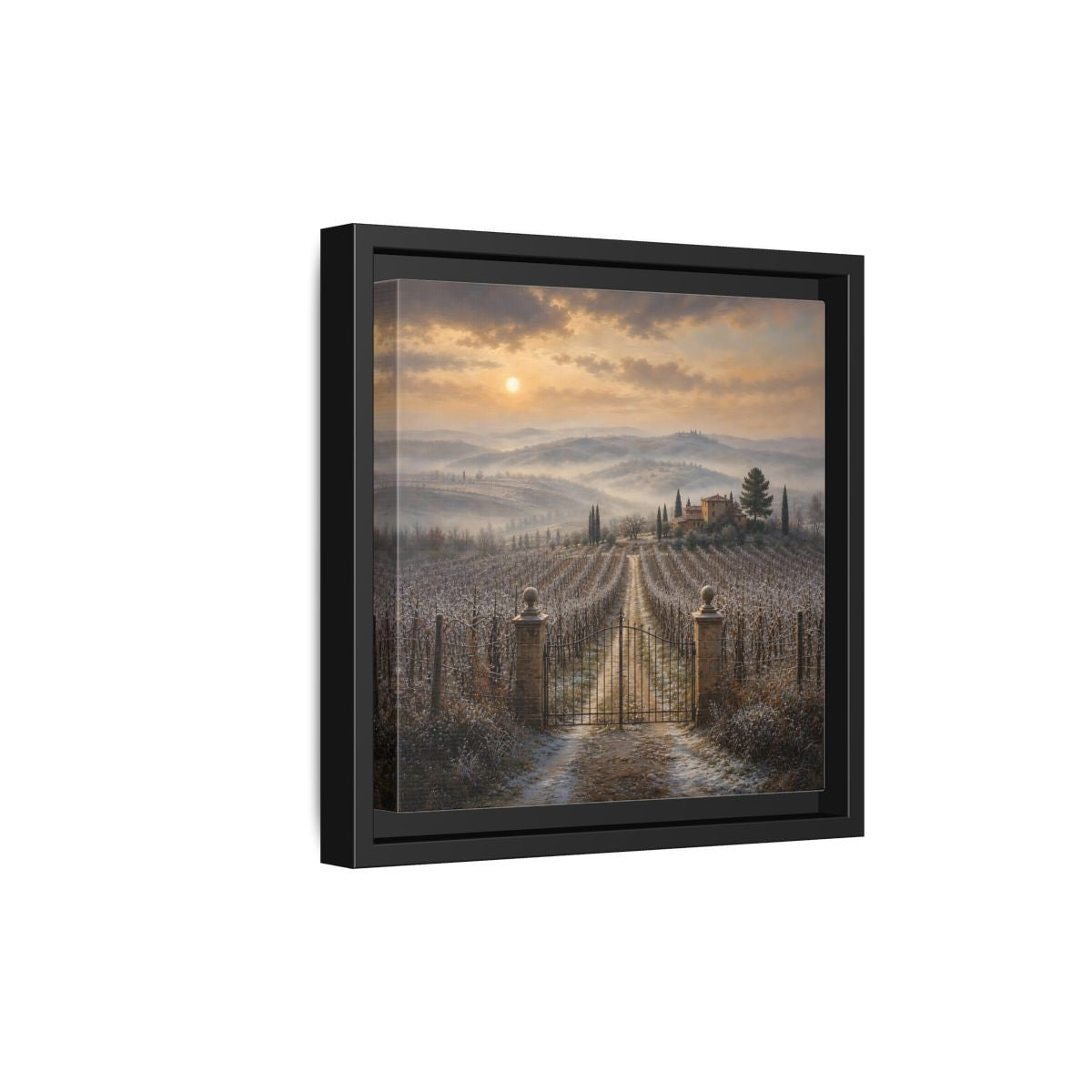 Side Mockup 21. Nature Vineyard Tuscan Vineyard Sunset shown as stretched canvas wall art