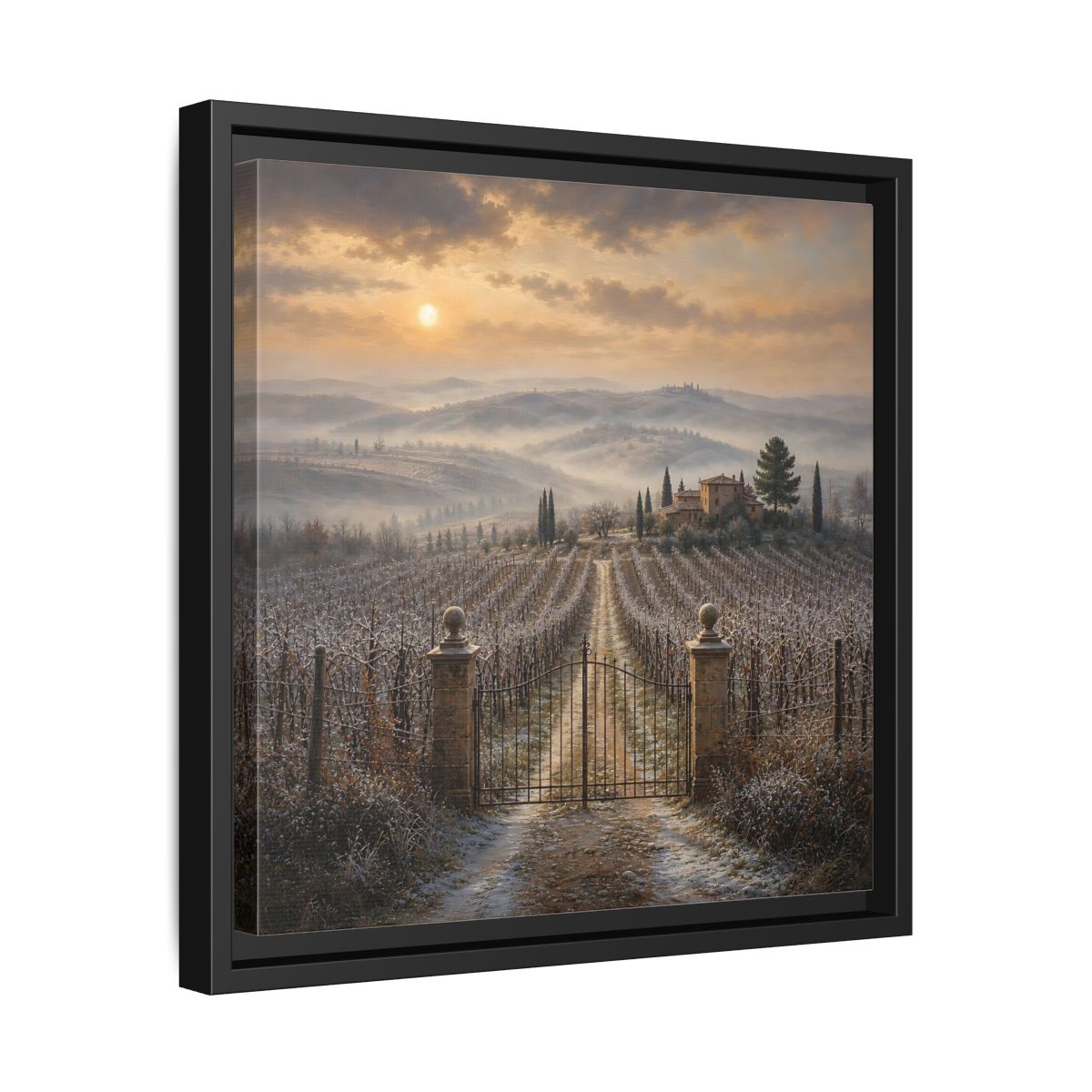 Side Mockup 32. Nature Vineyard Tuscan Vineyard Sunset shown as stretched canvas wall art