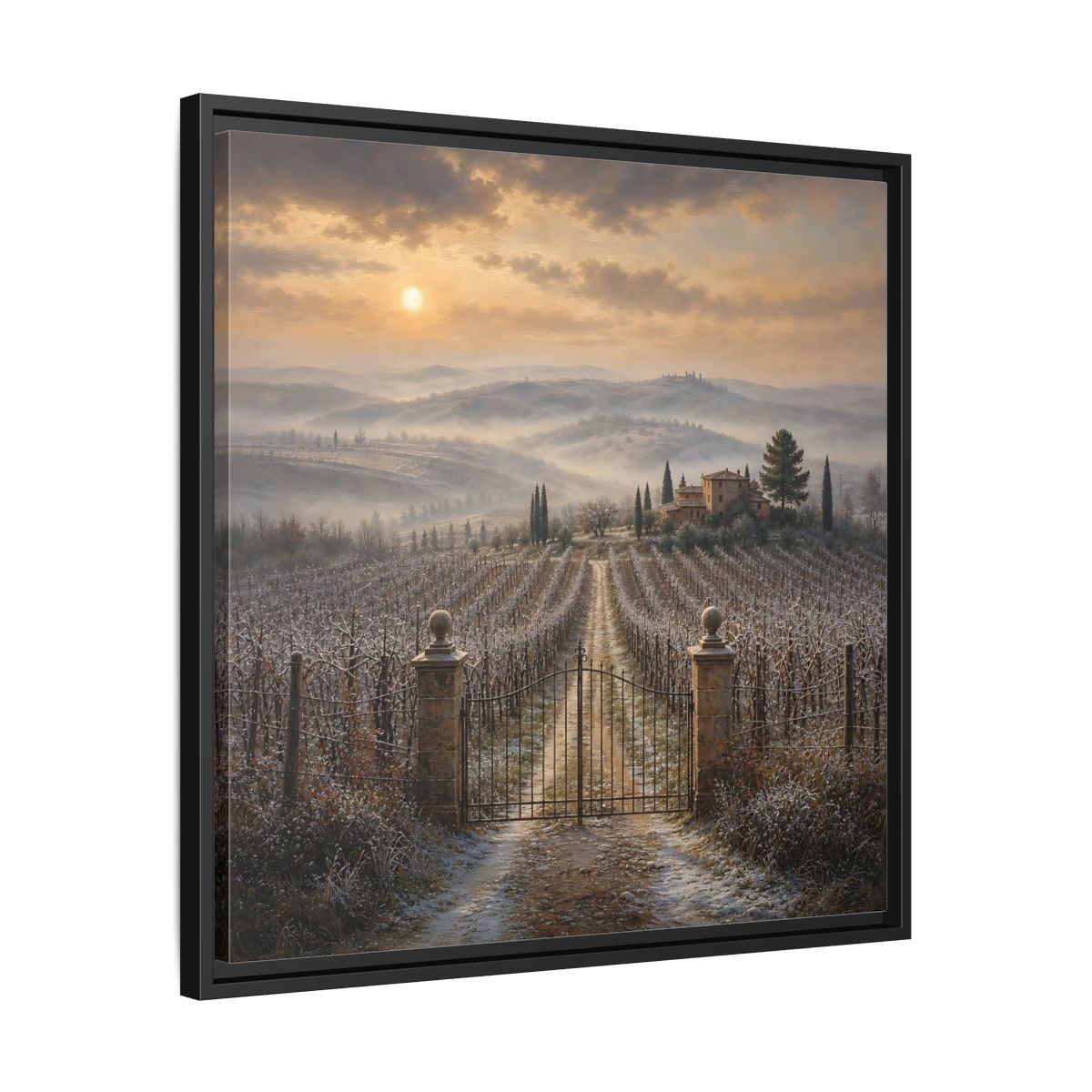 Side Mockup 31. Nature Vineyard Tuscan Vineyard Sunset shown as stretched canvas wall art