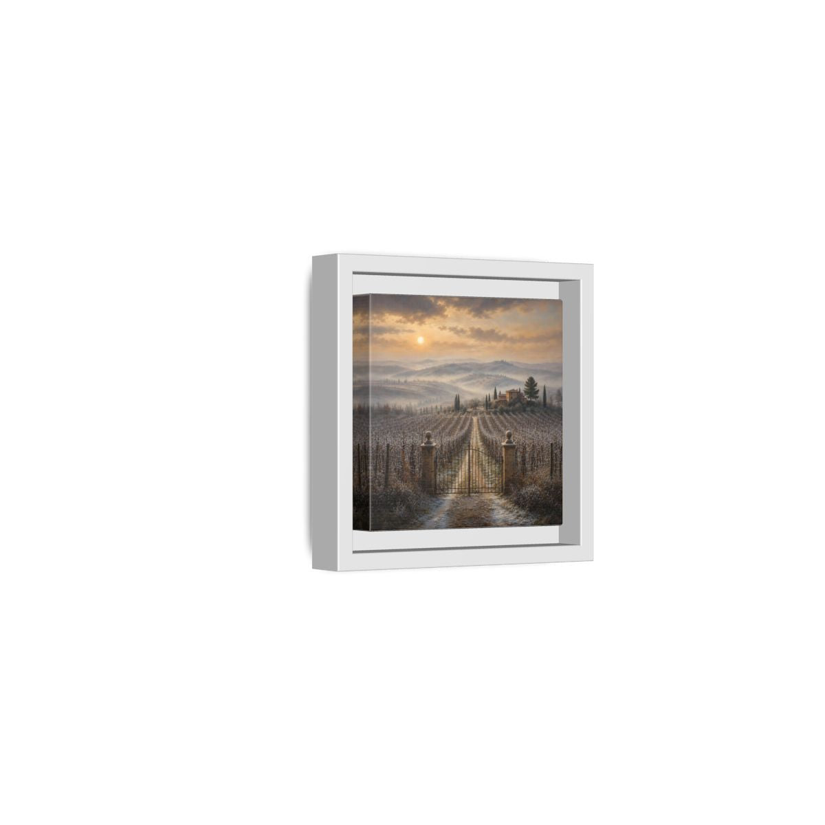 Side Mockup 22. Nature Vineyard Tuscan Vineyard Sunset shown as stretched canvas wall art